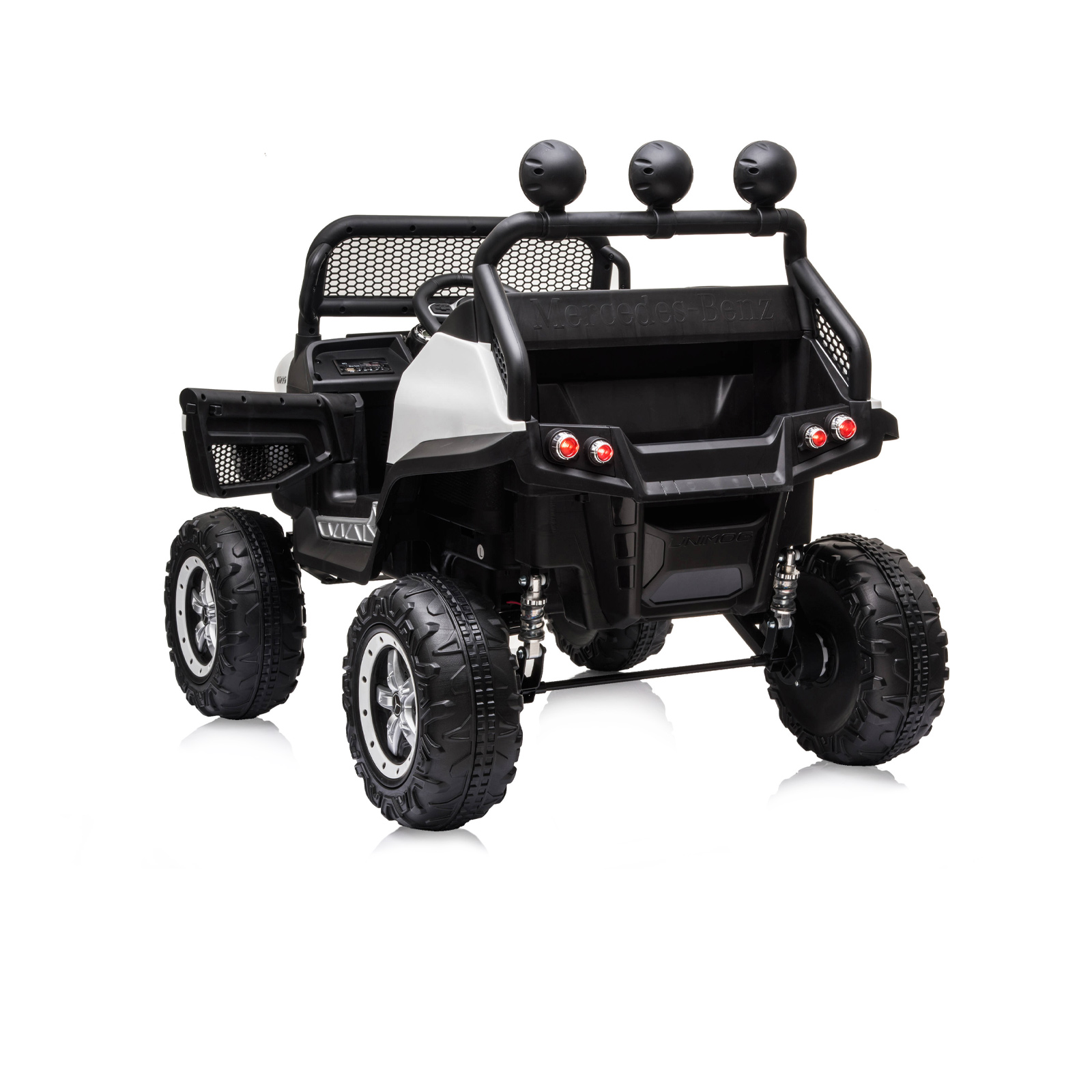 Акумулаторен джип Mercedes UNIMOG бял EVA, кожена
