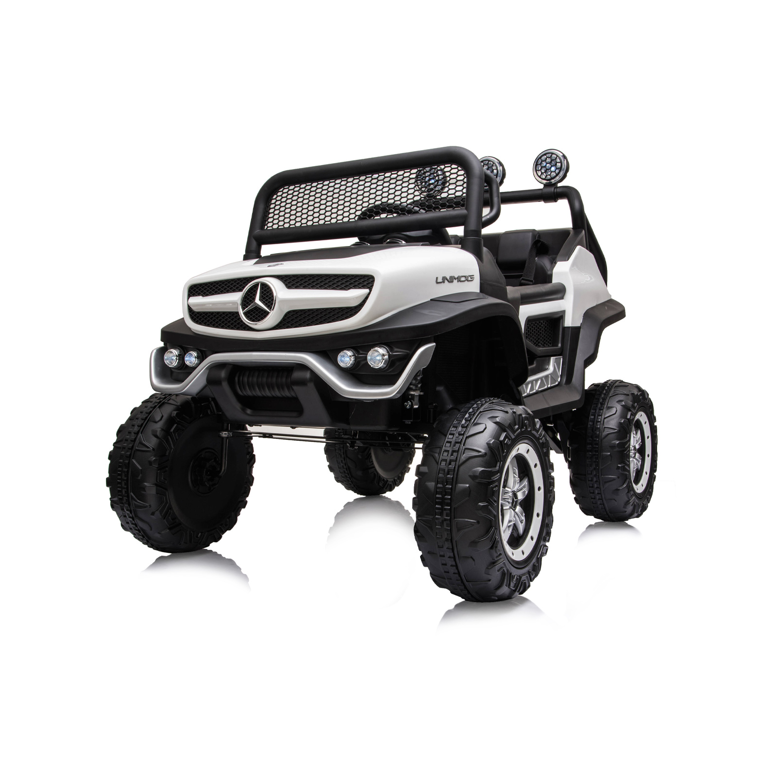 Акумулаторен джип Mercedes UNIMOG бял EVA, кожена