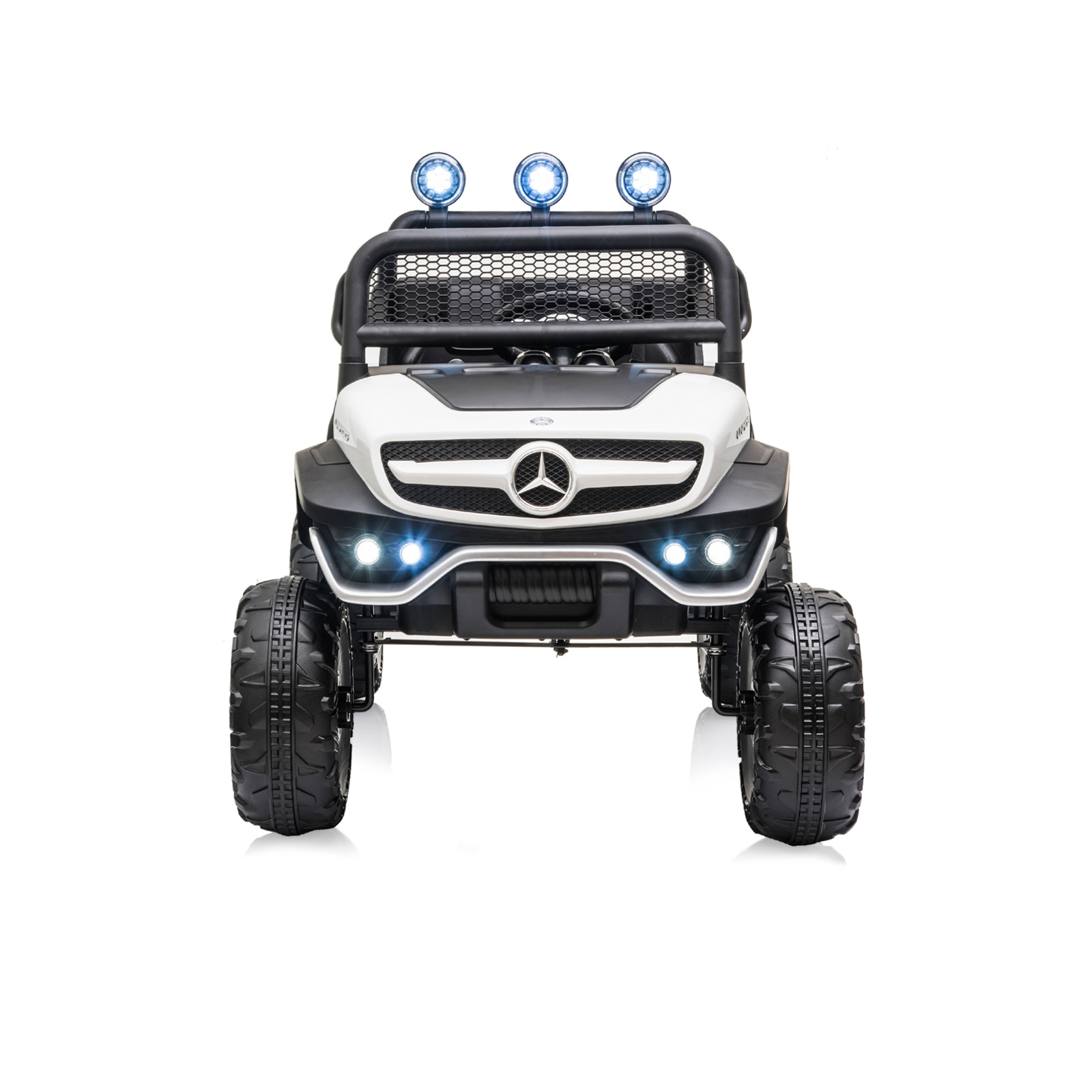 Акумулаторен джип Mercedes UNIMOG бял EVA, кожена