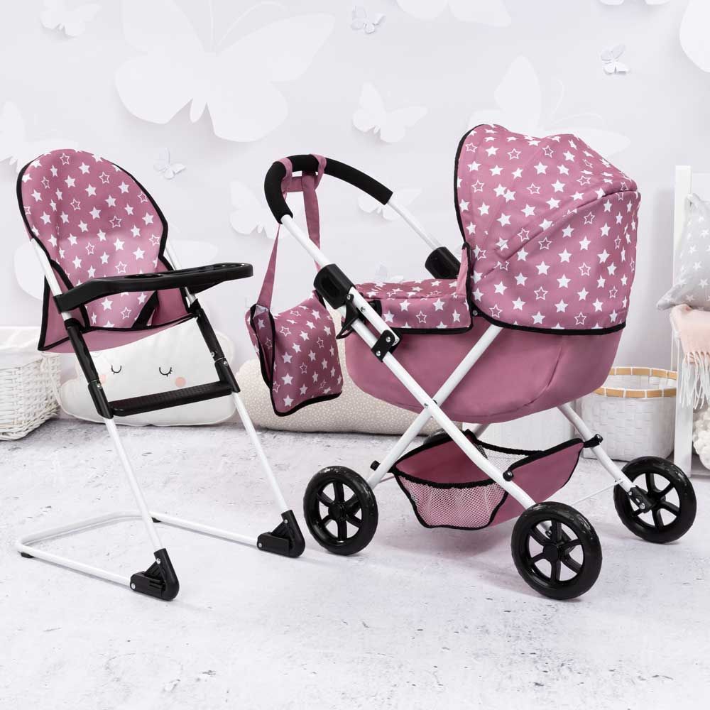 Καρότσι κούκλας BAYER με τσάντα COSY και παιδικό καρεκλάκι φαγητού ροζ