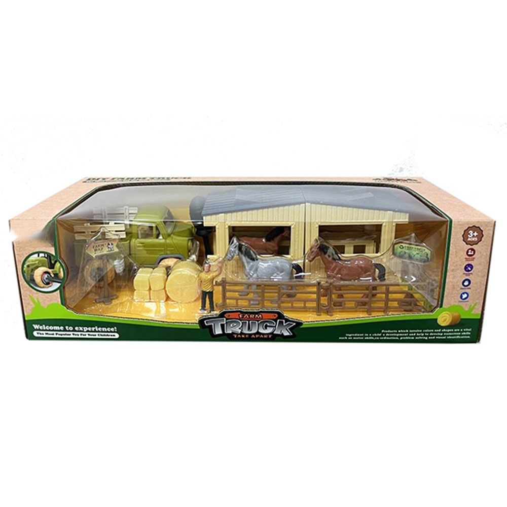 Farm Farm Truck με φορτηγό αποσυναρμολόγησης και στάβλος με άλογα