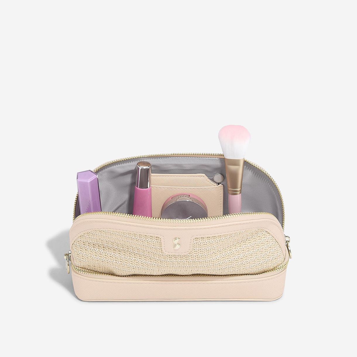 Τσάντα καλλυντικών Raffia, ανοιχτό ροζ χρώμα