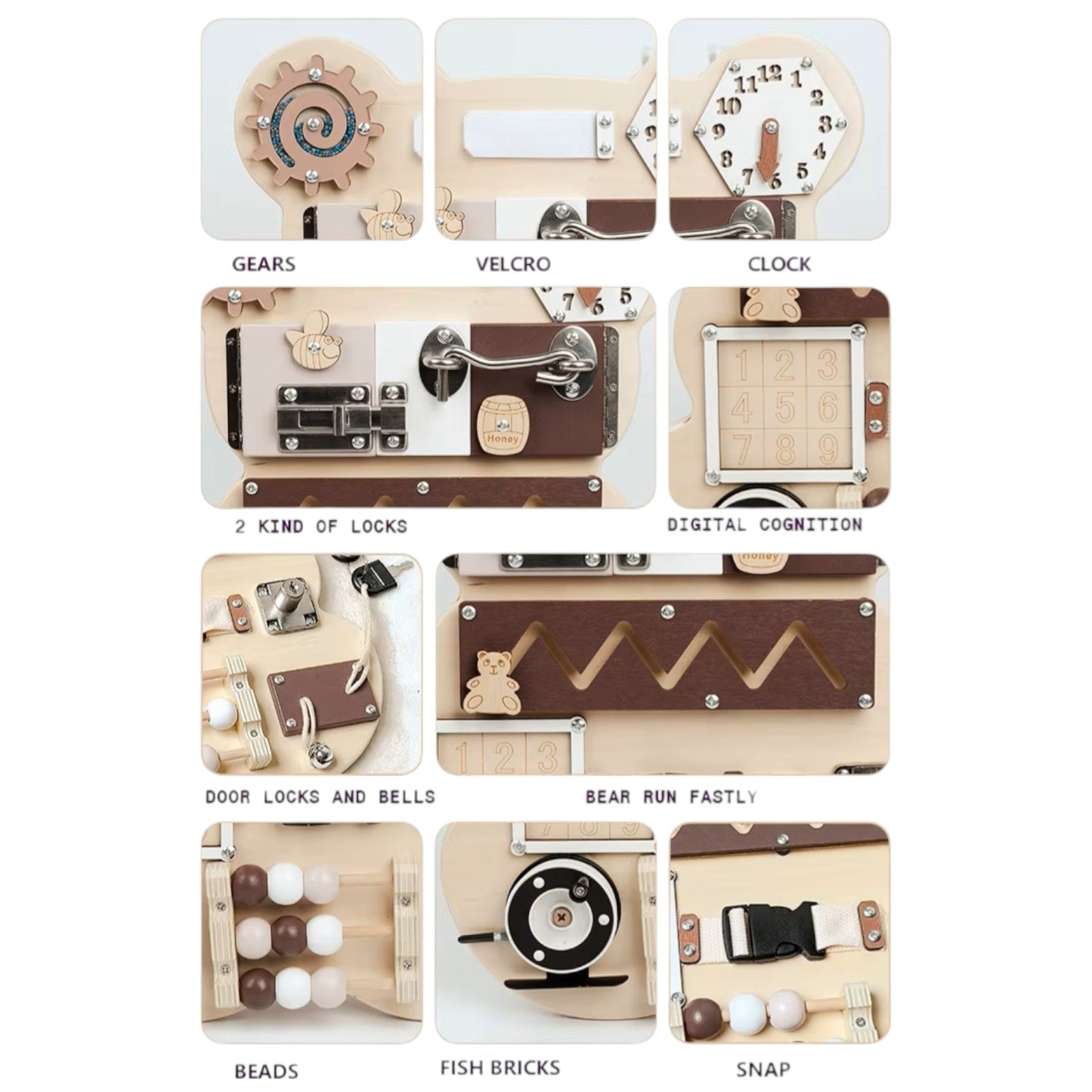 Ξύλινη Πλακέτα Αρκουδάκι GINGER HOME, Πλακέτα Montessori για Λεπτές Κινητικές Δεξιότητες, 30x39 εκ.