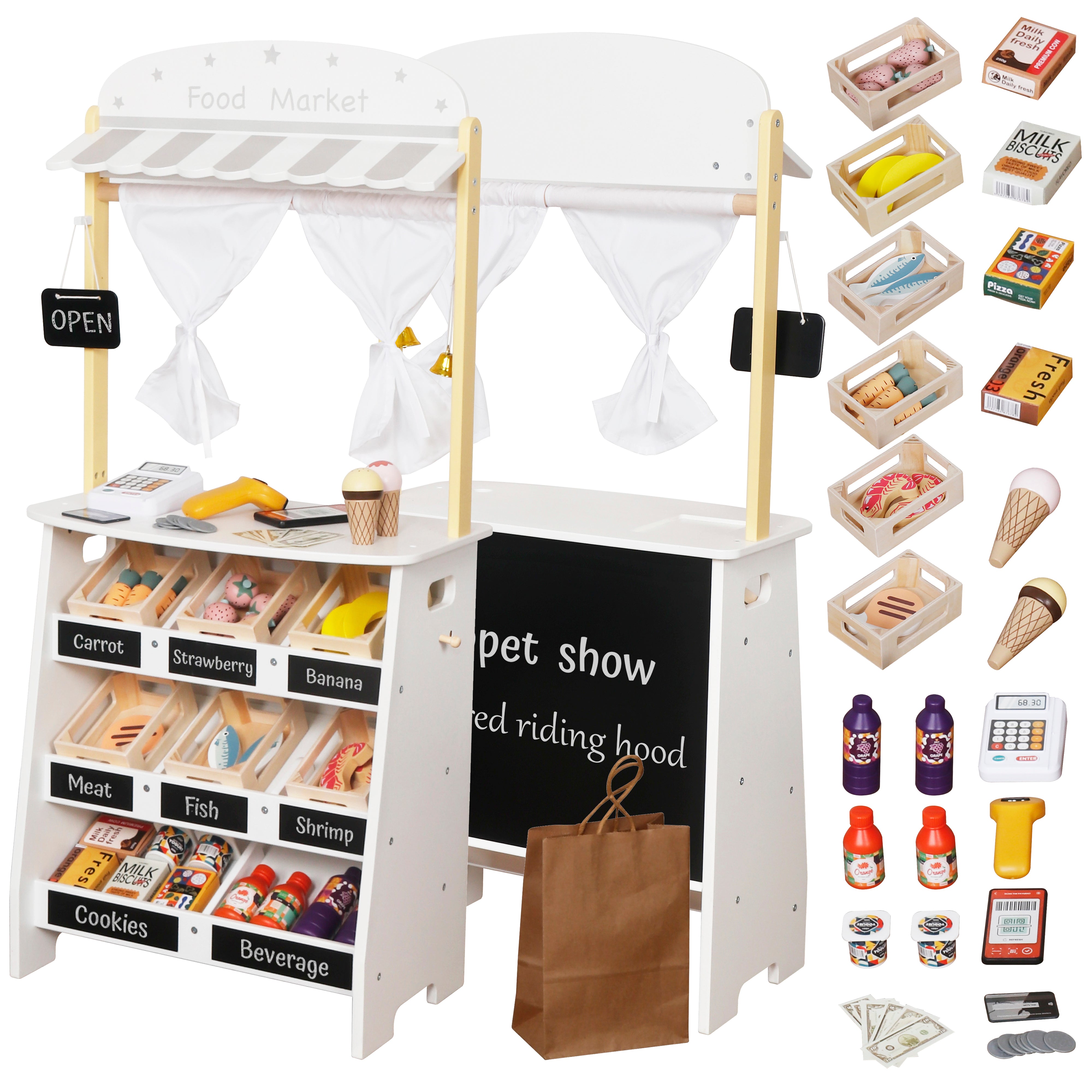 GINGER HOME Ξύλινο Παιδικό Κατάστημα και Θέατρο 2 σε 1, για παιχνίδι ρόλων, με ταμειακή μηχανή, τερματικό POS και σαρωτή με ήχο, παιχνίδια και αξεσουάρ, 45x24x97,5 cm, για παιδιά άνω των 3 ετών