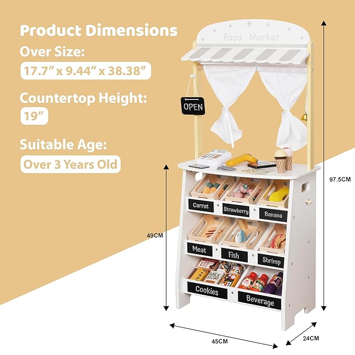GINGER HOME Ξύλινο Παιδικό Κατάστημα και Θέατρο 2 σε 1, για παιχνίδι ρόλων, με ταμειακή μηχανή, τερματικό POS και σαρωτή με ήχο, παιχνίδια και αξεσουάρ, 45x24x97,5 cm, για παιδιά άνω των 3 ετών