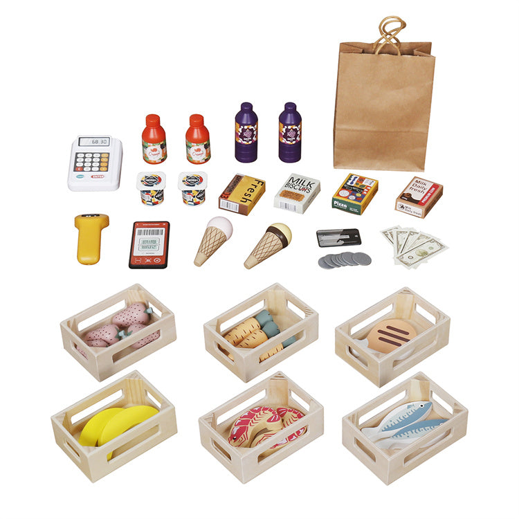 GINGER HOME Ξύλινο Παιδικό Κατάστημα και Θέατρο 2 σε 1, για παιχνίδι ρόλων, με ταμειακή μηχανή, τερματικό POS και σαρωτή με ήχο, παιχνίδια και αξεσουάρ, 45x24x97,5 cm, για παιδιά άνω των 3 ετών