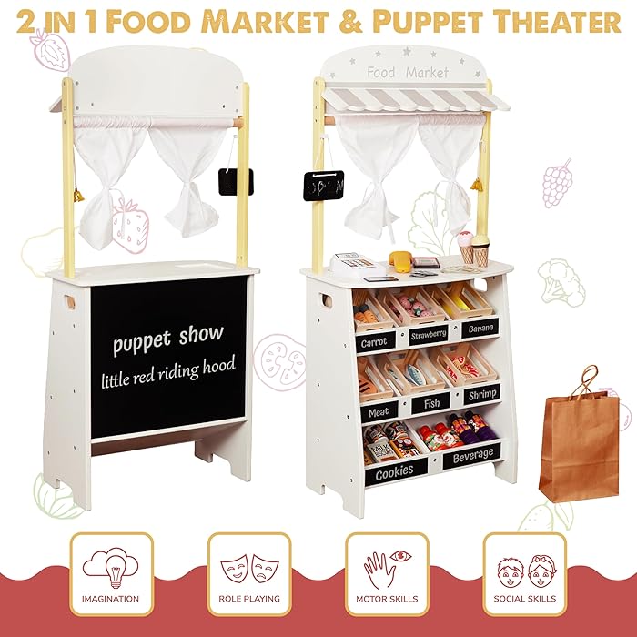 GINGER HOME Ξύλινο Παιδικό Κατάστημα και Θέατρο 2 σε 1, για παιχνίδι ρόλων, με ταμειακή μηχανή, τερματικό POS και σαρωτή με ήχο, παιχνίδια και αξεσουάρ, 45x24x97,5 cm, για παιδιά άνω των 3 ετών