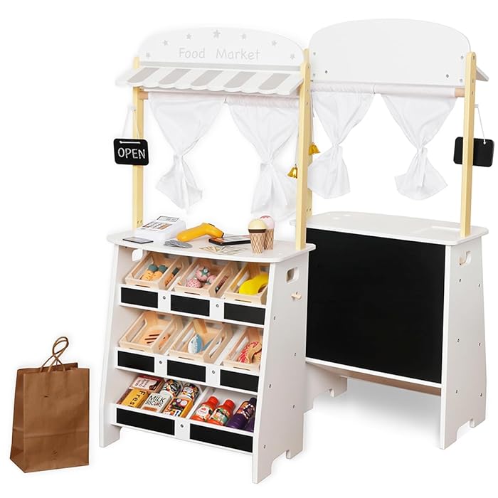GINGER HOME Ξύλινο Παιδικό Κατάστημα και Θέατρο 2 σε 1, για παιχνίδι ρόλων, με ταμειακή μηχανή, τερματικό POS και σαρωτή με ήχο, παιχνίδια και αξεσουάρ, 45x24x97,5 cm, για παιδιά άνω των 3 ετών