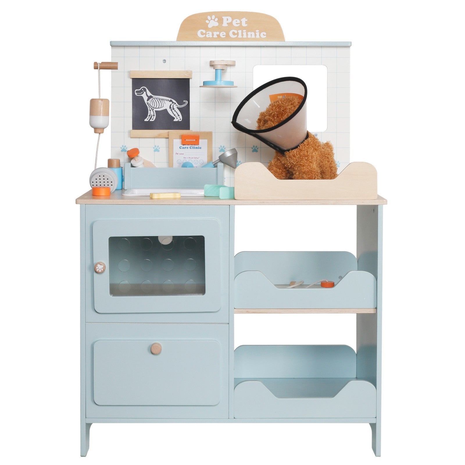 Παιχνίδι Κτηνιατρικής Κλινικής για Παιδιά GINGER HOME – Ξύλινο Κτηνιατρικό Κέντρο με Αξεσουάρ και Λούτρινο Σκυλάκι, 89×57×30 cm