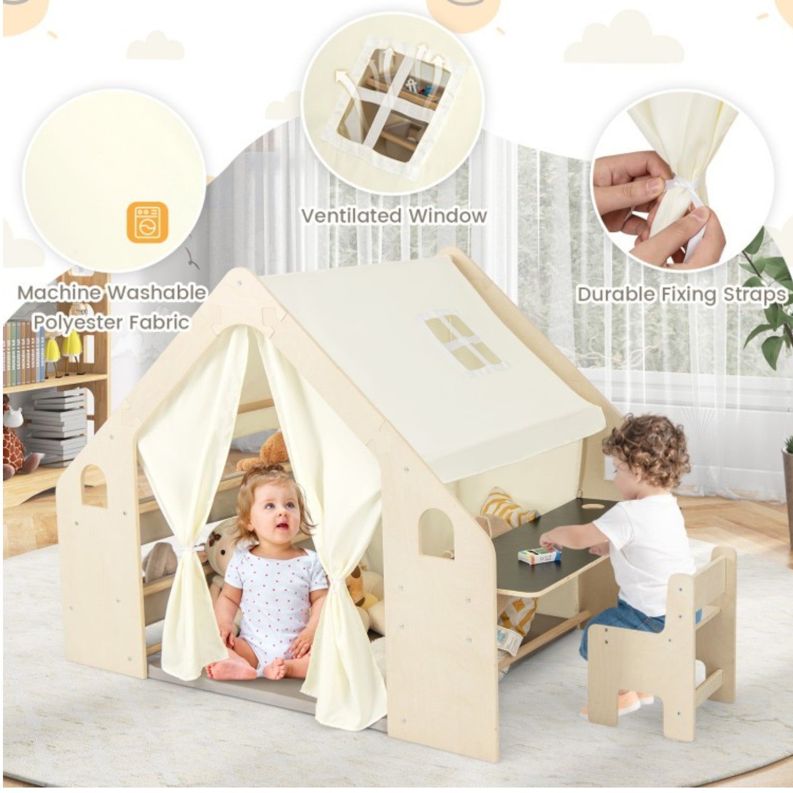 Παιδικό Ξύλινο Παιδικό Σπίτι 6 σε 1 GINGER HOME – Καρέκλα, Τραπέζι, Μαυροπίνακας, Ατζέντα, Τέντα και μαλακό χαλάκι