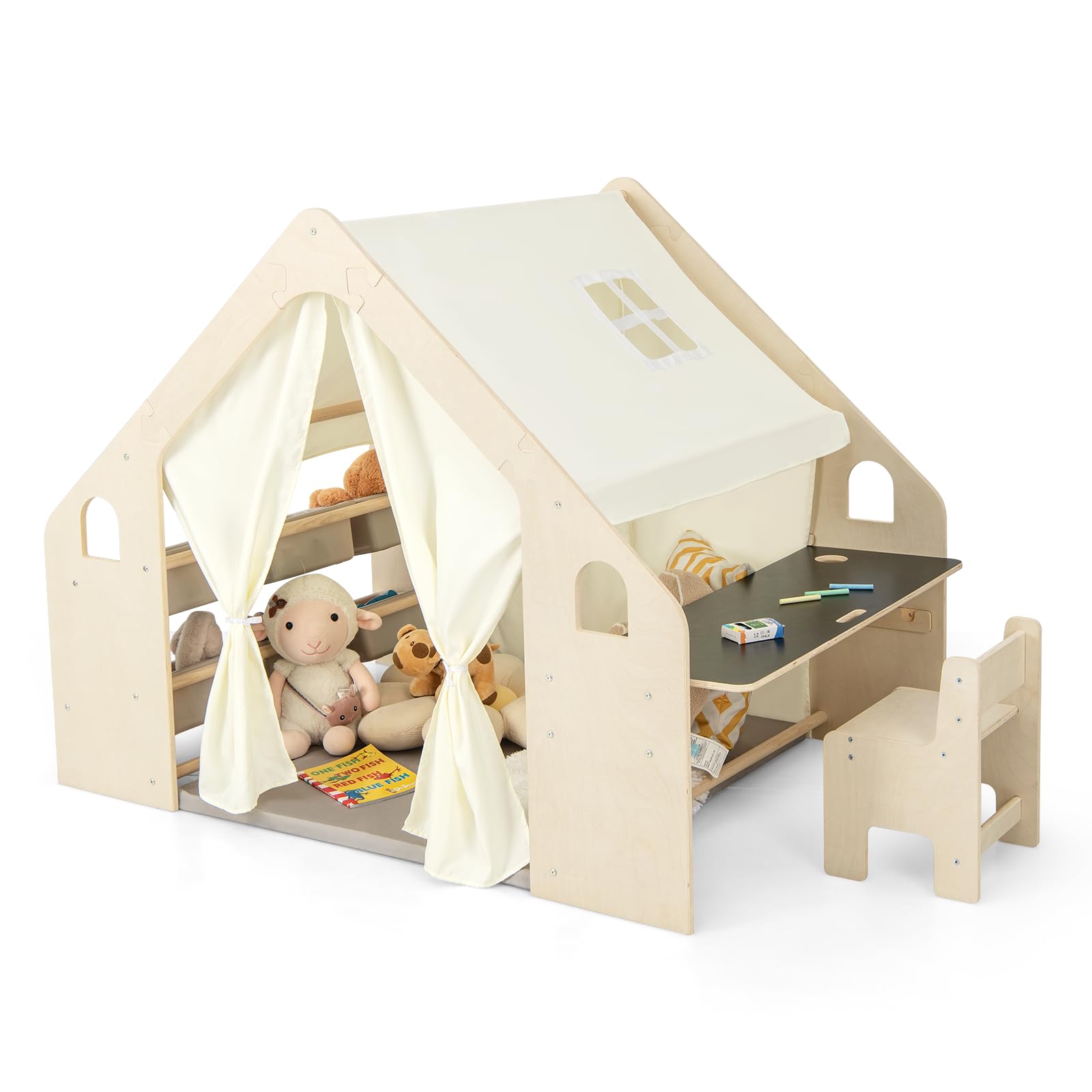 Παιδικό Ξύλινο Παιδικό Σπίτι 6 σε 1 GINGER HOME – Καρέκλα, Τραπέζι, Μαυροπίνακας, Ατζέντα, Τέντα και μαλακό χαλάκι