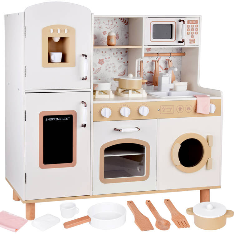 Παιδική Ξύλινη Κουζίνα GINGER HOME – Vintage Μοντέλο με Ηλεκτρονικές Εστίες, Φώτα, Ήχους και Νιπτήρα με Τρεχούμενο Νερό, 91×31×90 cm