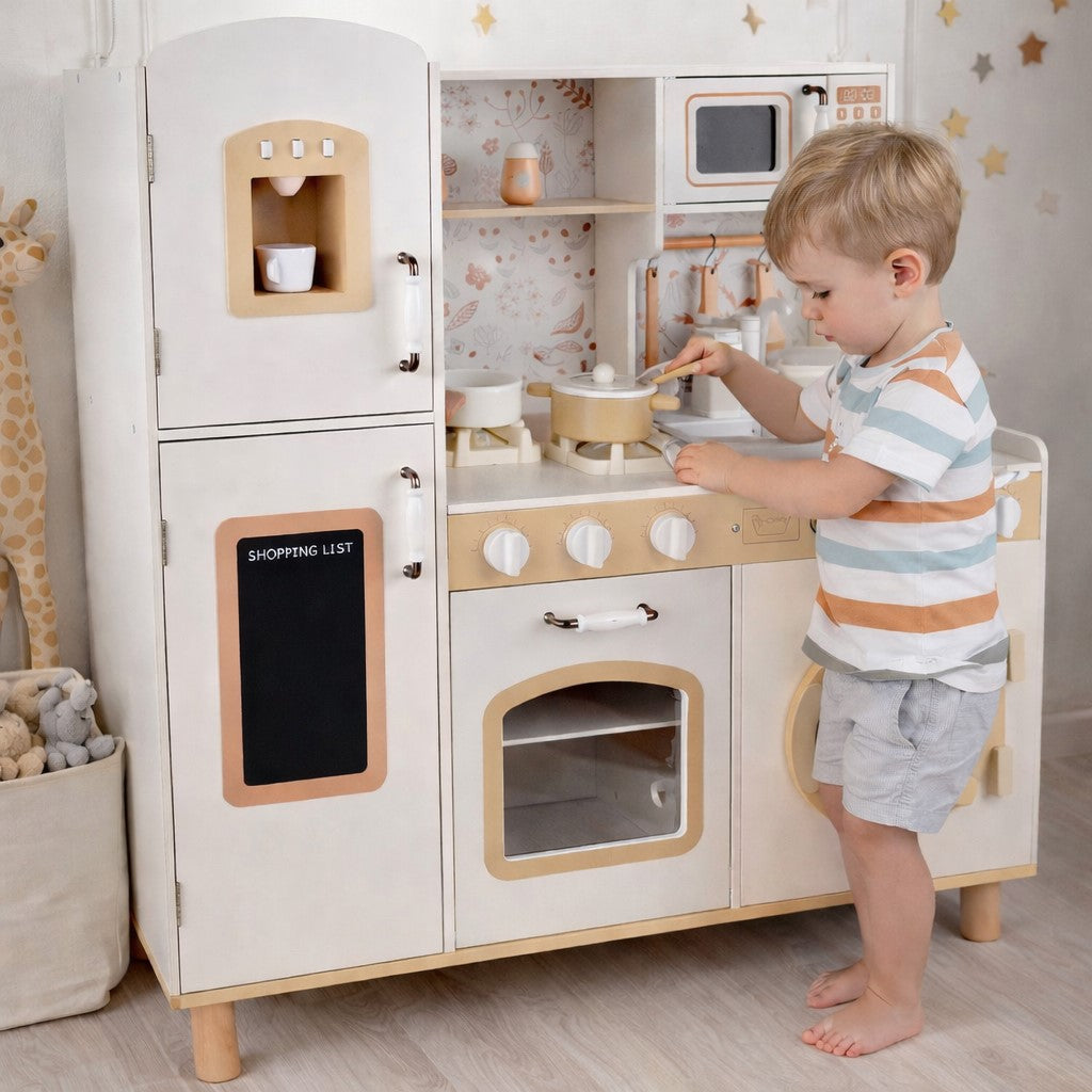 Παιδική Ξύλινη Κουζίνα GINGER HOME – Vintage Μοντέλο με Ηλεκτρονικές Εστίες, Φώτα, Ήχους και Νιπτήρα με Τρεχούμενο Νερό, 91×31×90 cm