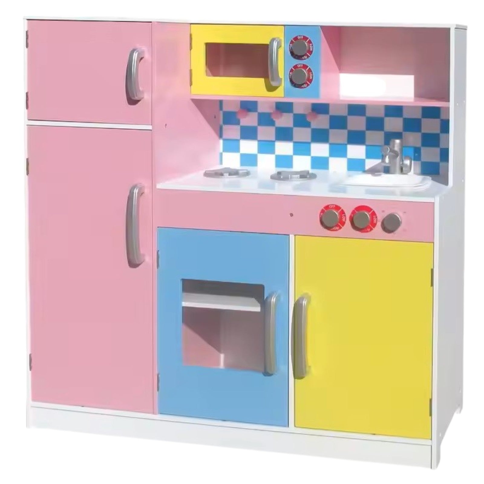 Παιδική κουζίνα GINGER HOME, Ξύλινο παιχνίδι για παιχνίδια ρόλων με πολύχρωμο σχέδιο, Διαστάσεις 90x30x90 cm