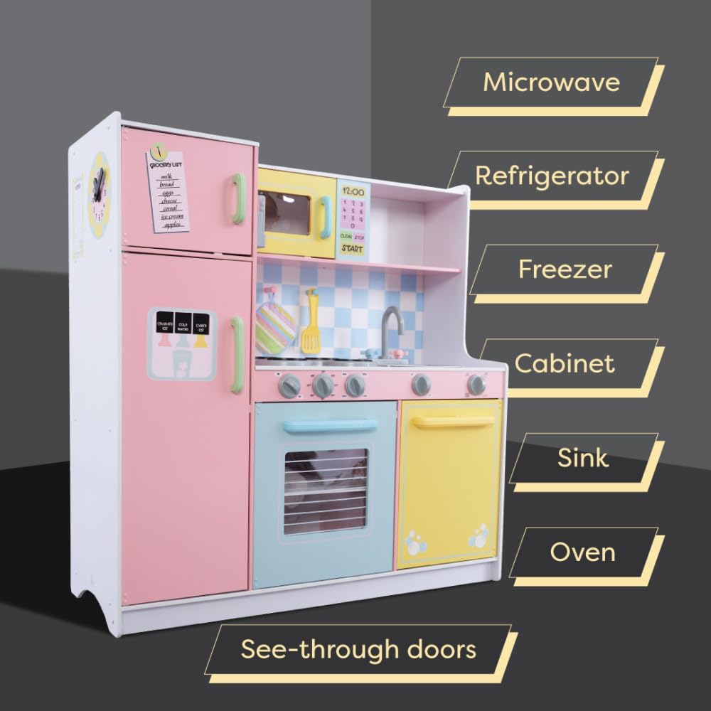 Παιδική κουζίνα GINGER HOME, Ξύλινο παιχνίδι για παιχνίδια ρόλων με πολύχρωμο σχέδιο, Διαστάσεις 90x30x90 cm