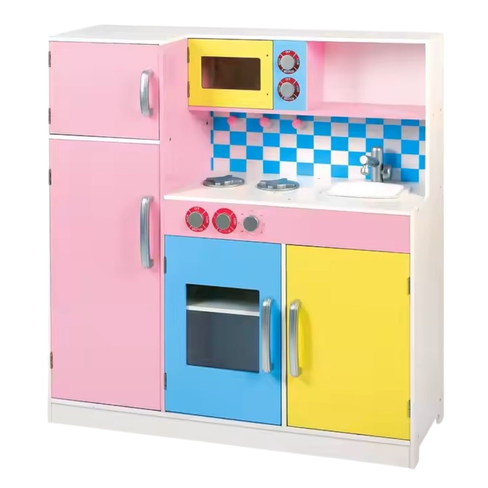 Παιδική κουζίνα GINGER HOME, Ξύλινο παιχνίδι για παιχνίδια ρόλων με πολύχρωμο σχέδιο, Διαστάσεις 90x30x90 cm