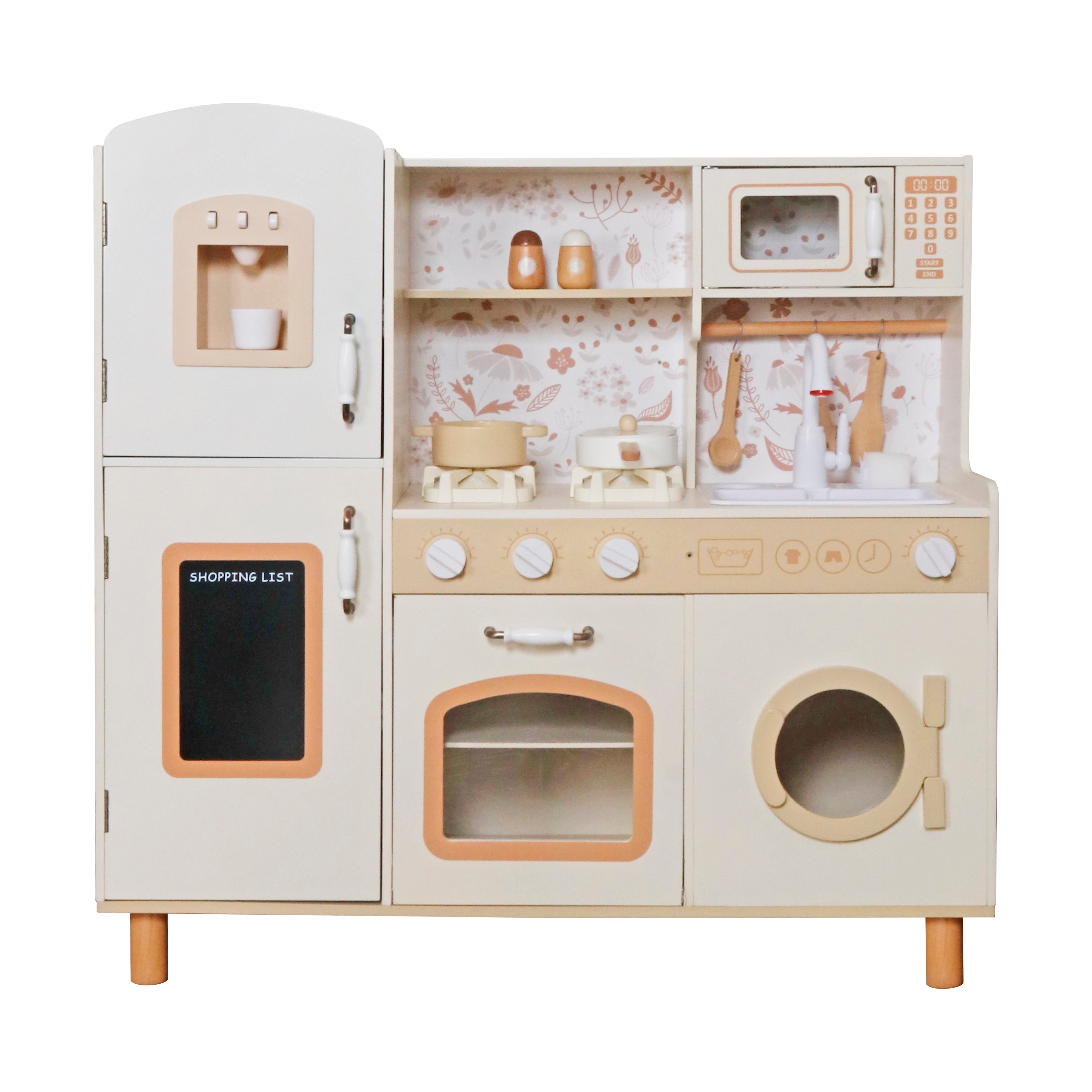 Παιδική Ξύλινη Κουζίνα GINGER HOME – Vintage Μοντέλο με Ηλεκτρονικές Εστίες, Φώτα, Ήχους και Νιπτήρα με Τρεχούμενο Νερό, 91×31×90 cm