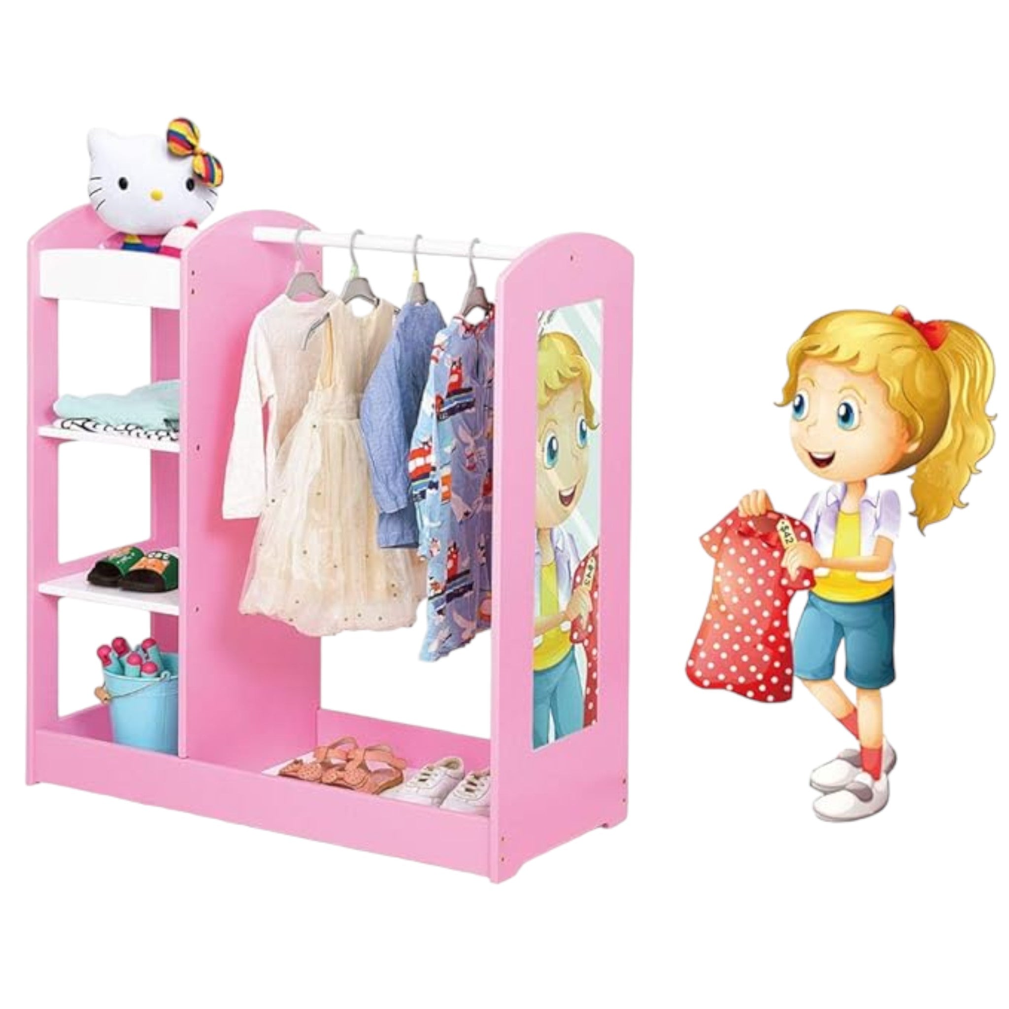 Παιδική κρεμάστρα ρούχων με καθρέφτη GINGER HOME - Παιδική ανοιχτή ντουλάπα με ράφια και κρεμάστρες, ροζ, 94x38x100 cm