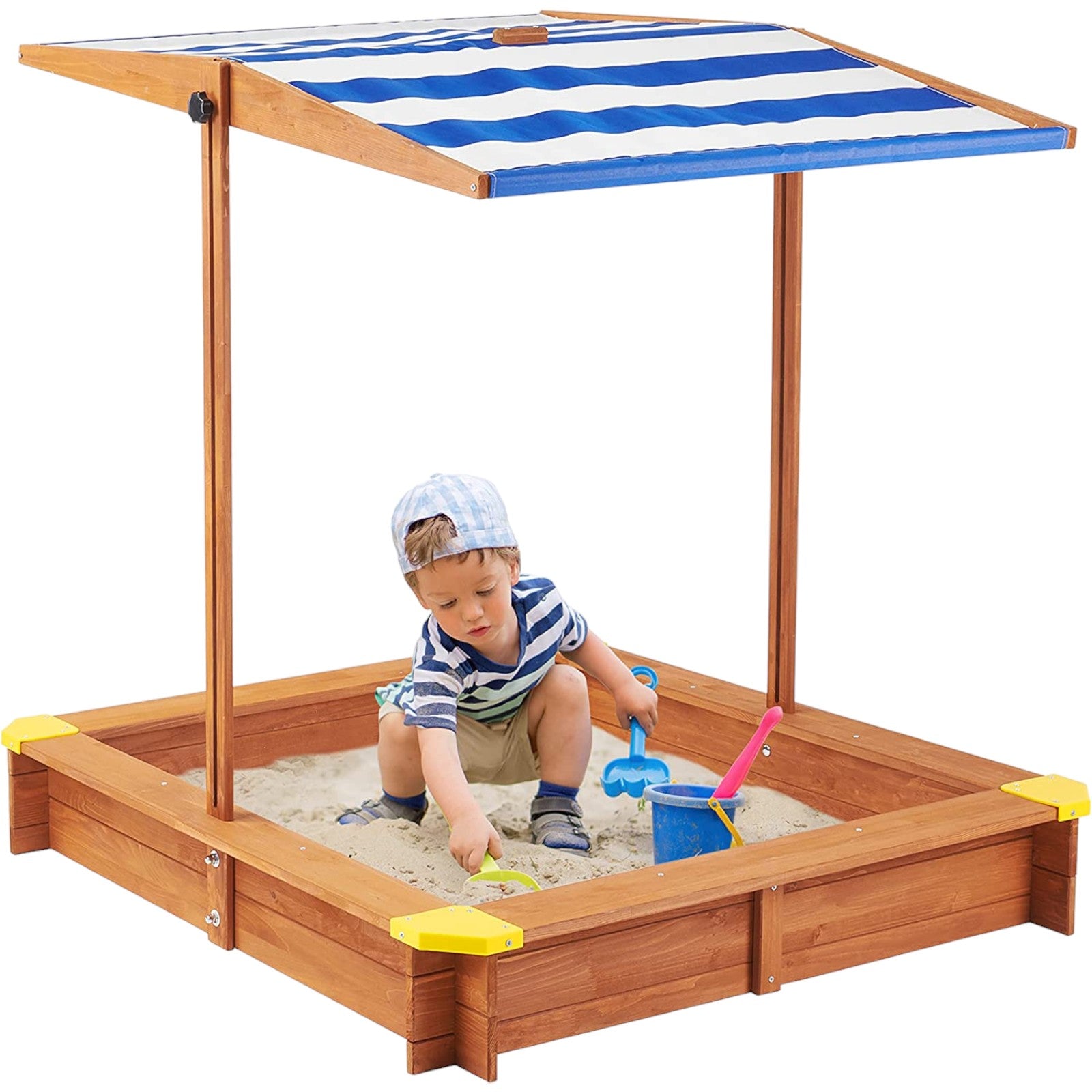 Παιδικό sandbox από ξύλο 118x118x118 cm, με ρυθμιζόμενο, αδιάβροχο κάλυμμα κουβούκλιο-αντι-UV