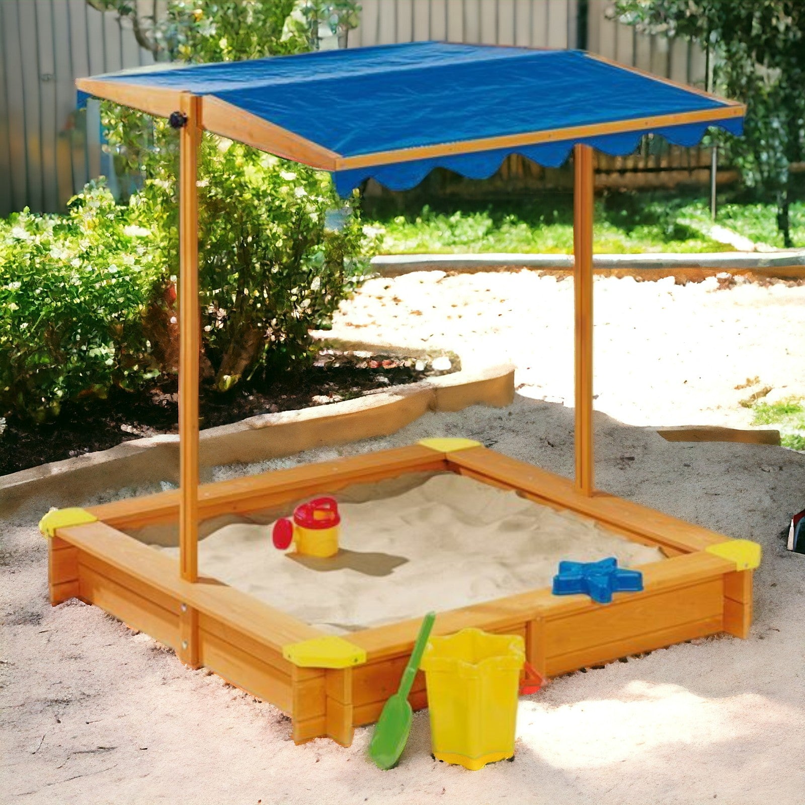 Παιδικό sandbox από ξύλο 117x117 cm, με ρυθμιζόμενο, αδιάβροχο κάλυμμα θόλου anti-UV 30