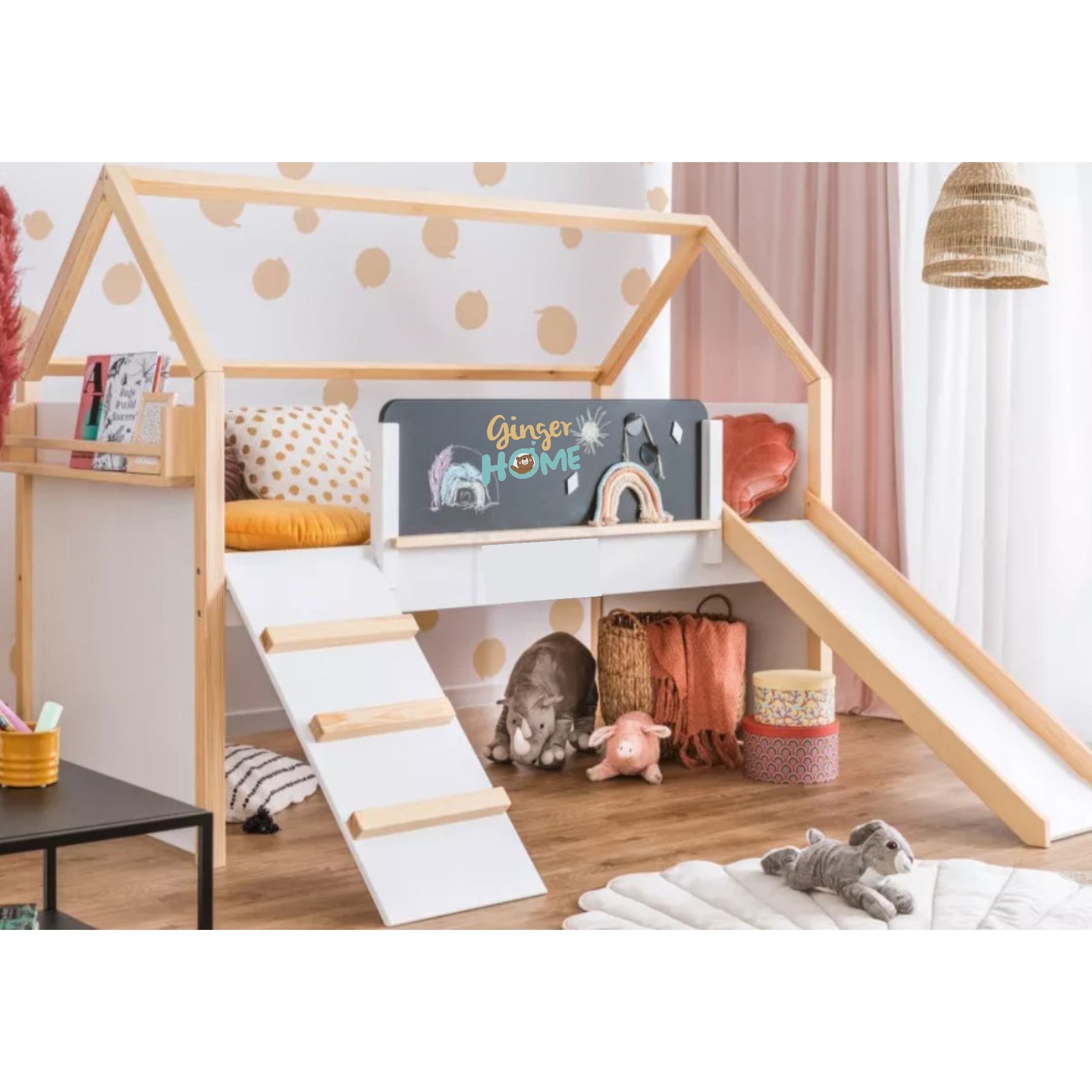 Детско Легло Къщичка GINGER HOME, Монтесори, Двуетажно, Пързалка, Черна Дъска, Подматрачна Рамка 90х200 см