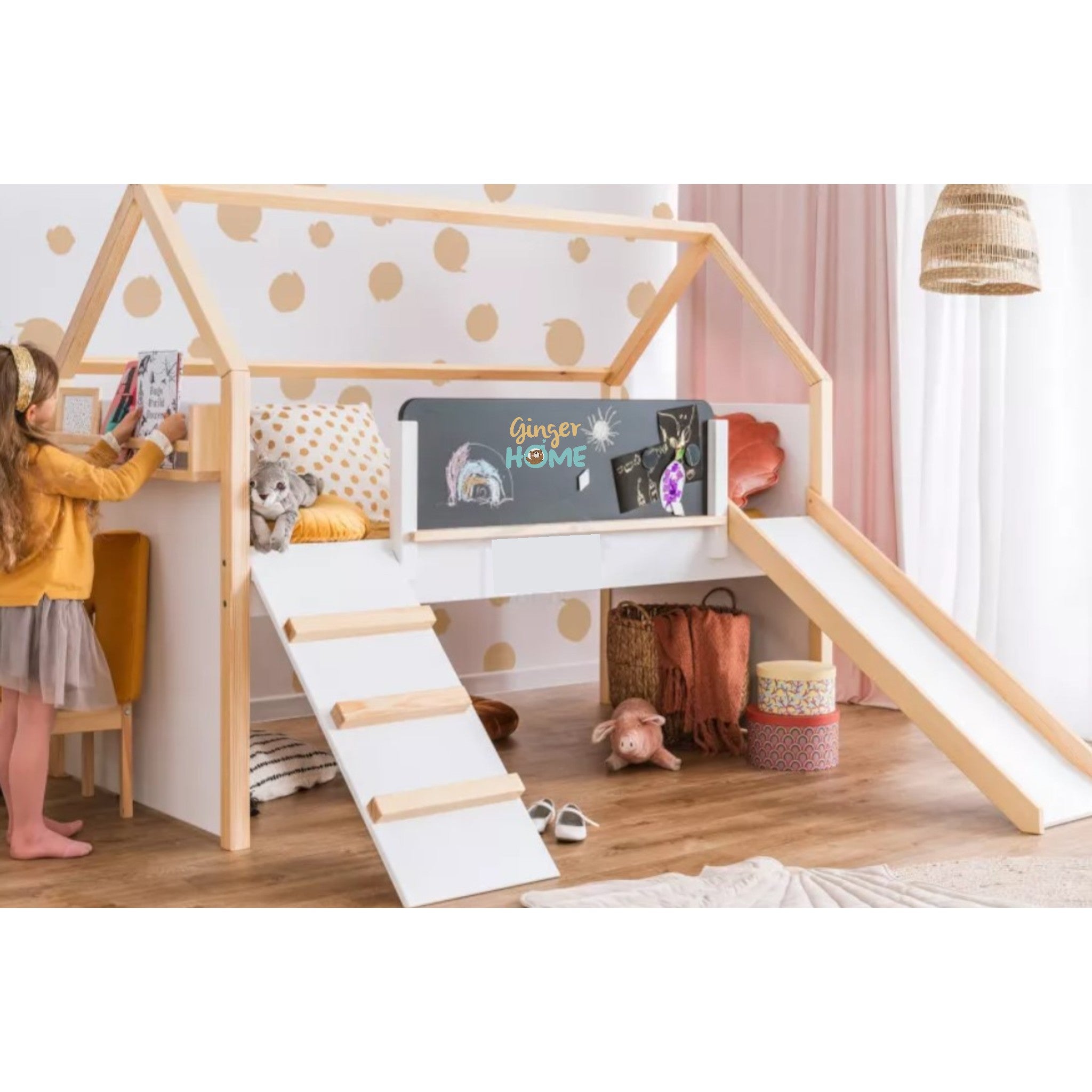 Детско Легло Къщичка GINGER HOME, Монтесори, Двуетажно, Пързалка, Черна Дъска, Подматрачна Рамка 90х200 см