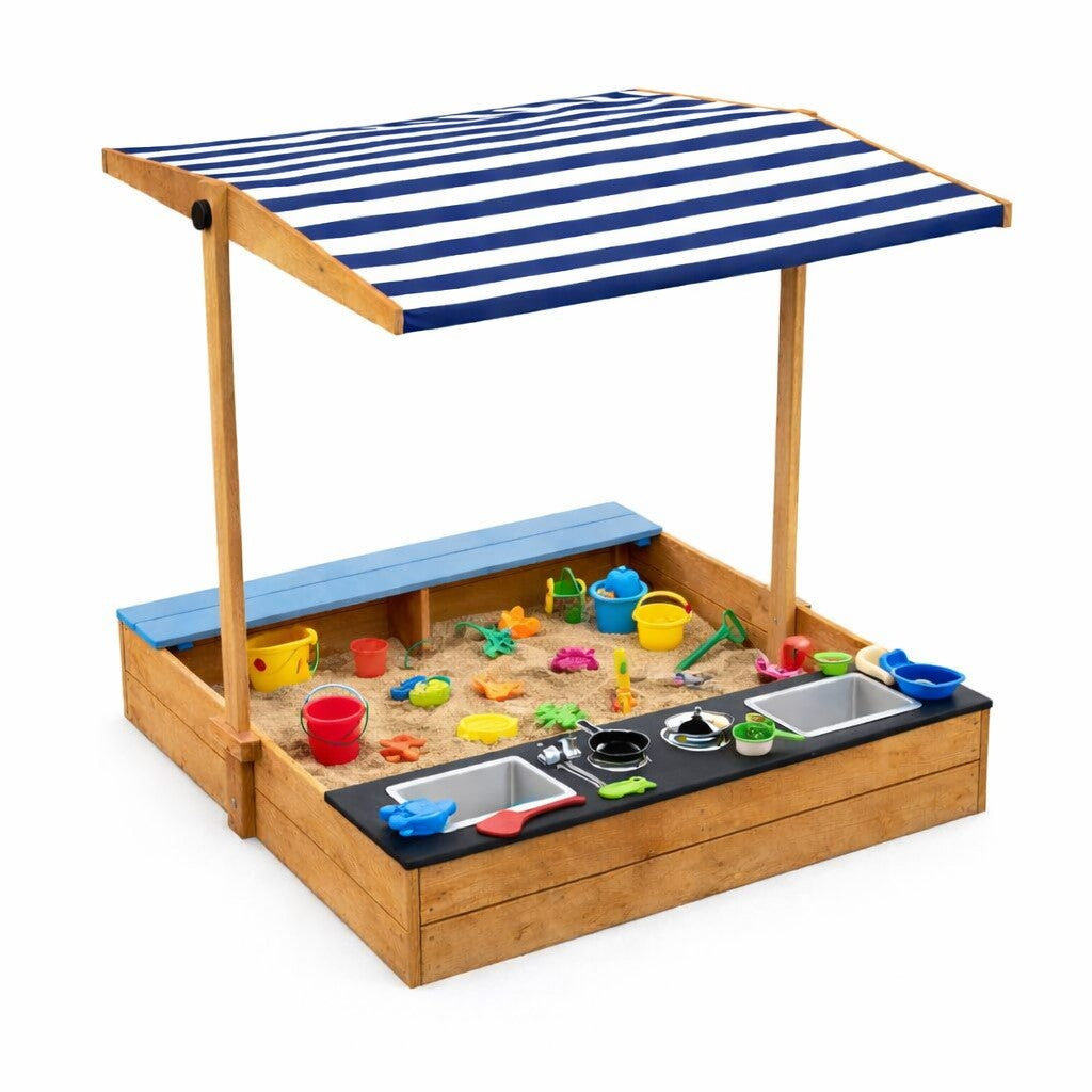 Παιδική Ξύλινη Σκάφη με Άμμο 3 σε 1 με Κουζίνα, Πάγκο και Σκίαστρο με Προστασία UV GINGER HOME – Παιχνίδι Εξωτερικού Χώρου (110x114x110 εκ.)