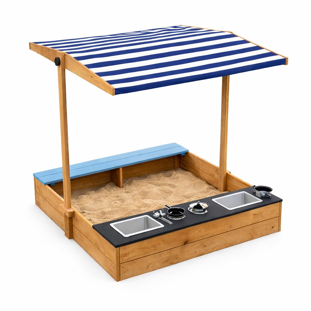 Παιδική Ξύλινη Σκάφη με Άμμο 3 σε 1 με Κουζίνα, Πάγκο και Σκίαστρο με Προστασία UV GINGER HOME – Παιχνίδι Εξωτερικού Χώρου (110x114x110 εκ.)