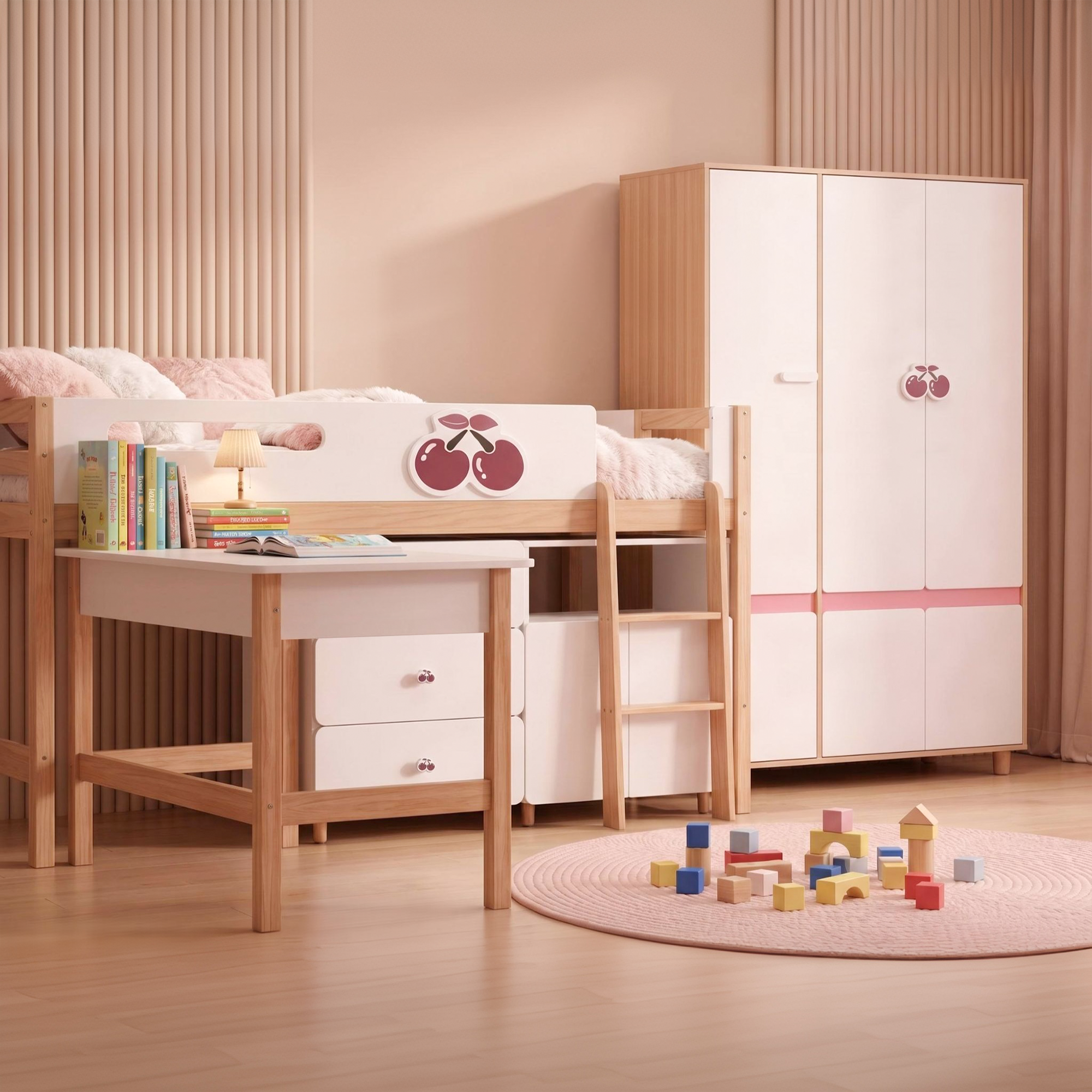 GINGER HOME CHERRY Σετ Παιδικού Δωματίου με Ενιαίο Κρεβάτι 90x200 cm, Γραφείο, Συρταριέρα, Ντουλάπι και Τρίφυλλη Ντουλάπα, Λευκό, Ροζ και Φυσικό Ξύλο