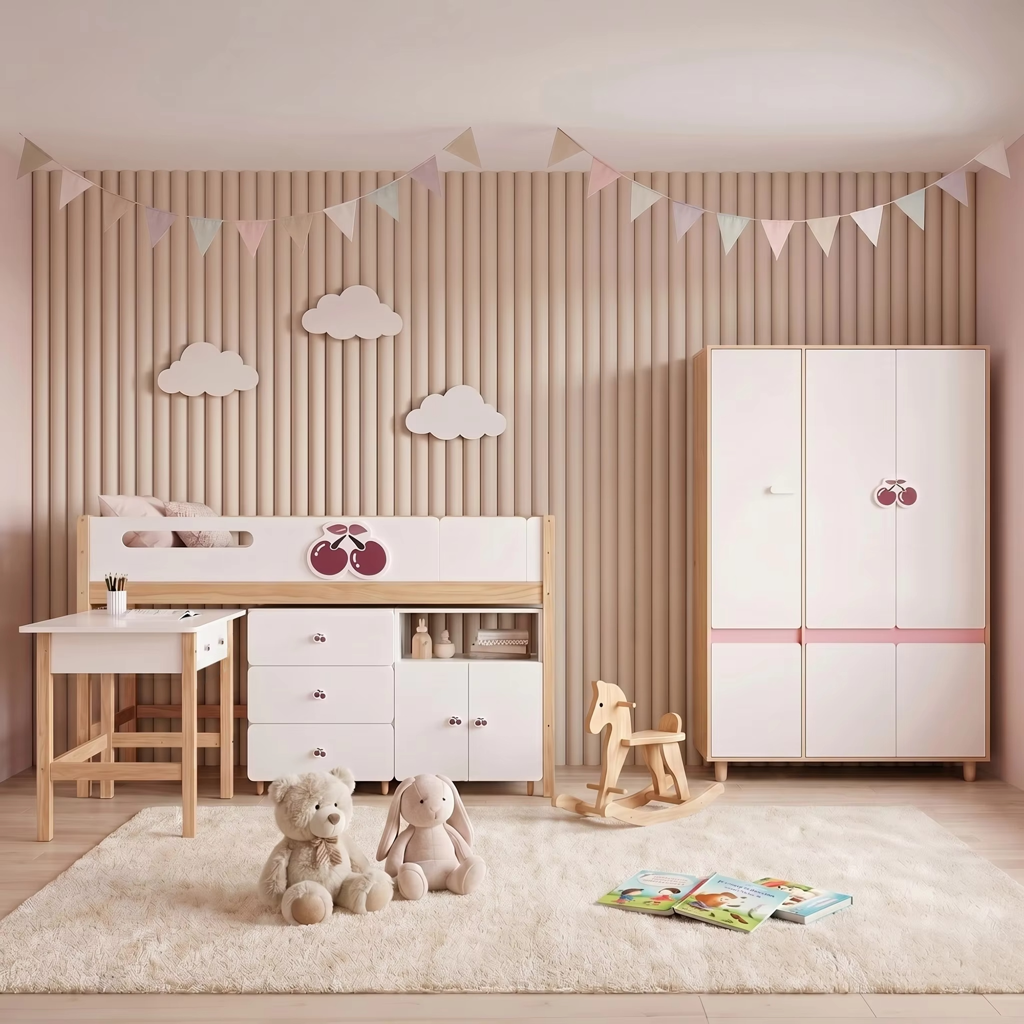 GINGER HOME CHERRY Σετ Παιδικού Δωματίου με Ενιαίο Κρεβάτι 90x200 cm, Γραφείο, Συρταριέρα, Ντουλάπι και Τρίφυλλη Ντουλάπα, Λευκό, Ροζ και Φυσικό Ξύλο