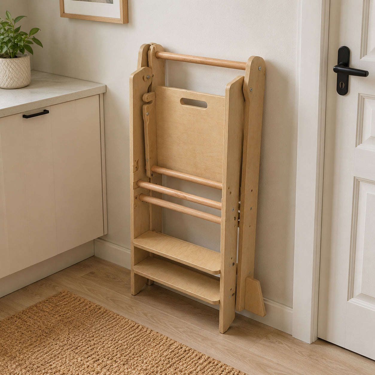 Πύργος Montessori για παιδιά GINGER HOME, Πτυσσόμενο καρεκλάκι φαγητού κουζίνας, Πύργος εκμάθησης, ασφαλής παιδική σκάλα, από μασίφ φυσικό ξύλο, 51x47x91,5 cm