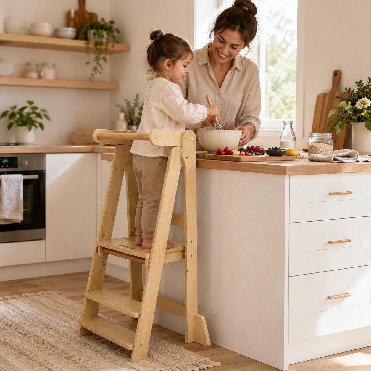Πύργος Montessori για παιδιά GINGER HOME, Πτυσσόμενο καρεκλάκι φαγητού κουζίνας, Πύργος εκμάθησης, ασφαλής παιδική σκάλα, από μασίφ φυσικό ξύλο, 51x47x91,5 cm