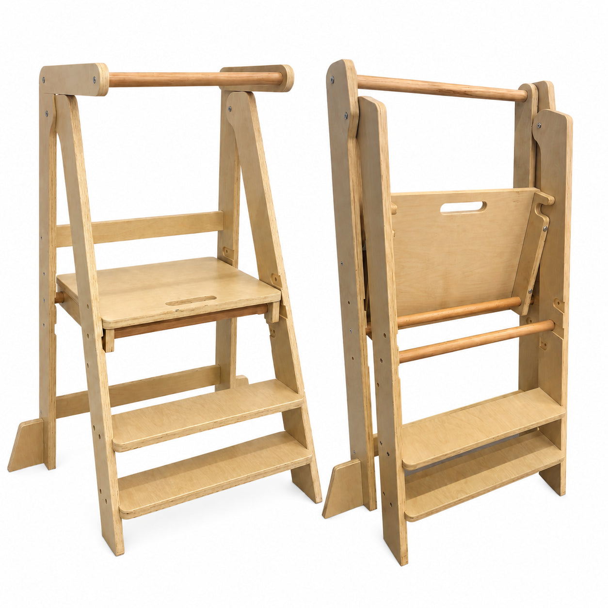 Πύργος Montessori για παιδιά GINGER HOME, Πτυσσόμενο καρεκλάκι φαγητού κουζίνας, Πύργος εκμάθησης, ασφαλής παιδική σκάλα, από μασίφ φυσικό ξύλο, 51x47x91,5 cm