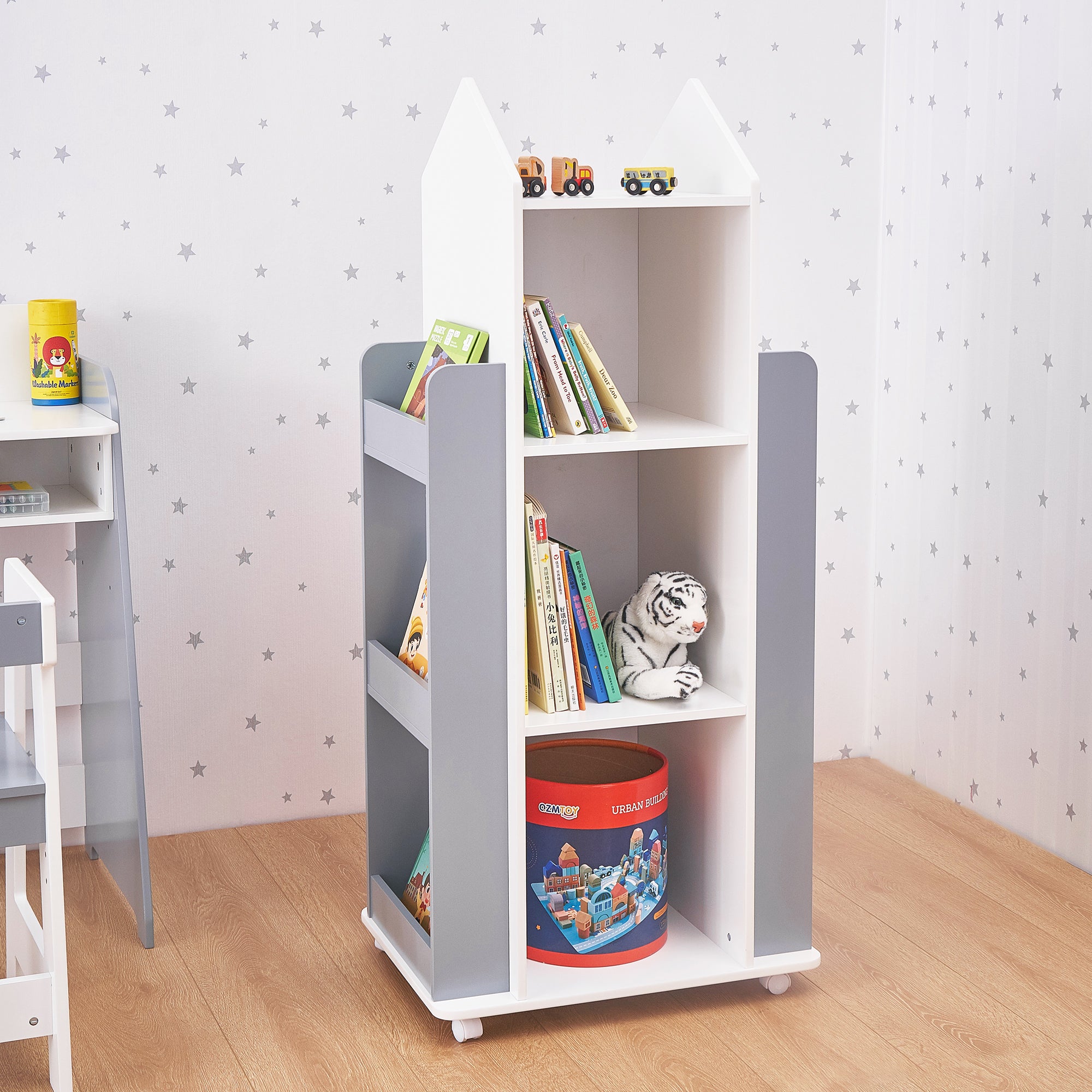 ROCKET Περιστρεφόμενο Τμήμα 360 Μοιρών με Ράφια 4 Επιπέδων, Ξύλινο - για Αποθήκευση Βιβλίων και Παιχνιδιών ΛΕΥΚΟ/ΓΚΡΙ