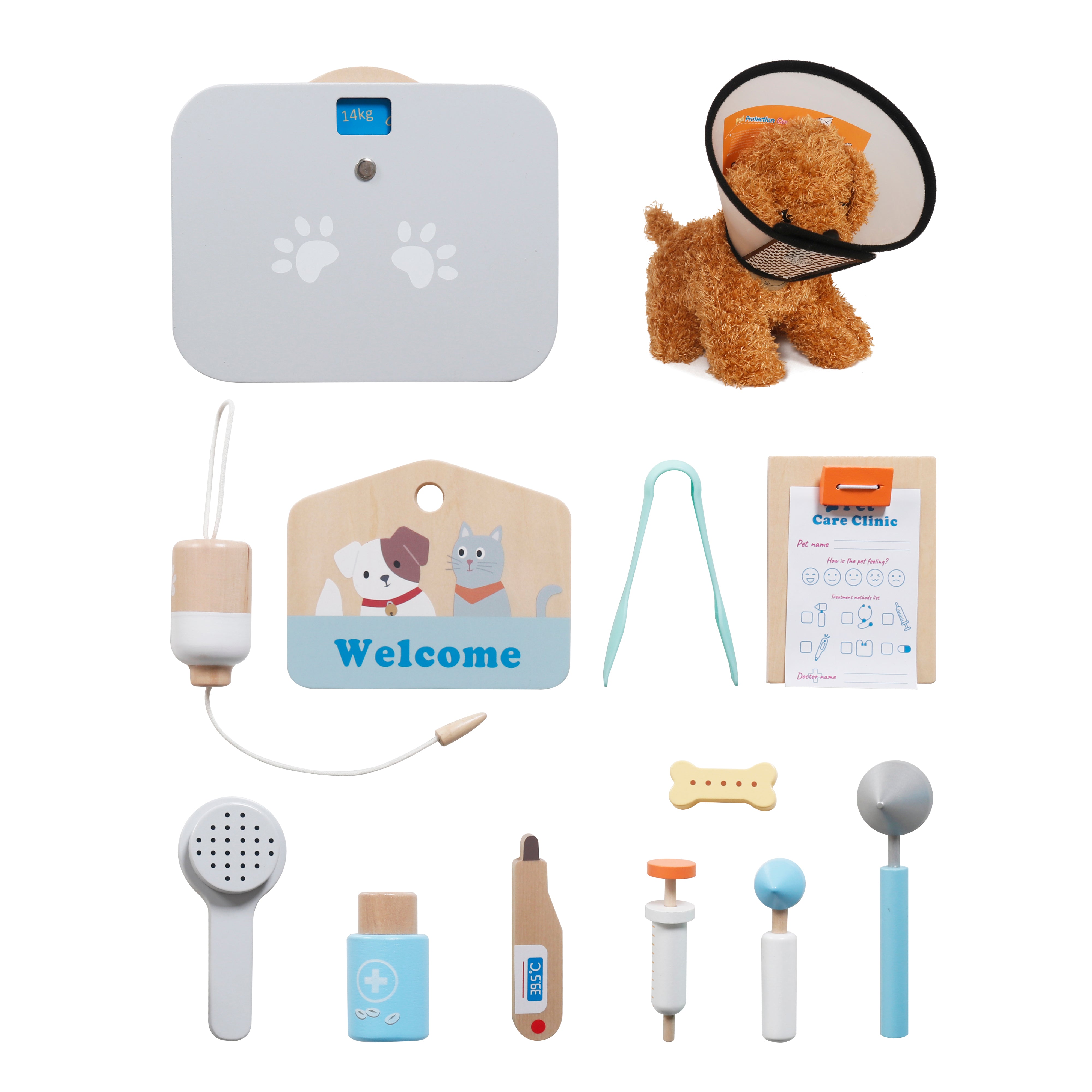 Παιχνίδι Κτηνιατρικής Κλινικής για Παιδιά GINGER HOME – Ξύλινο Κτηνιατρικό Κέντρο με Αξεσουάρ και Λούτρινο Σκυλάκι, 89×57×30 cm