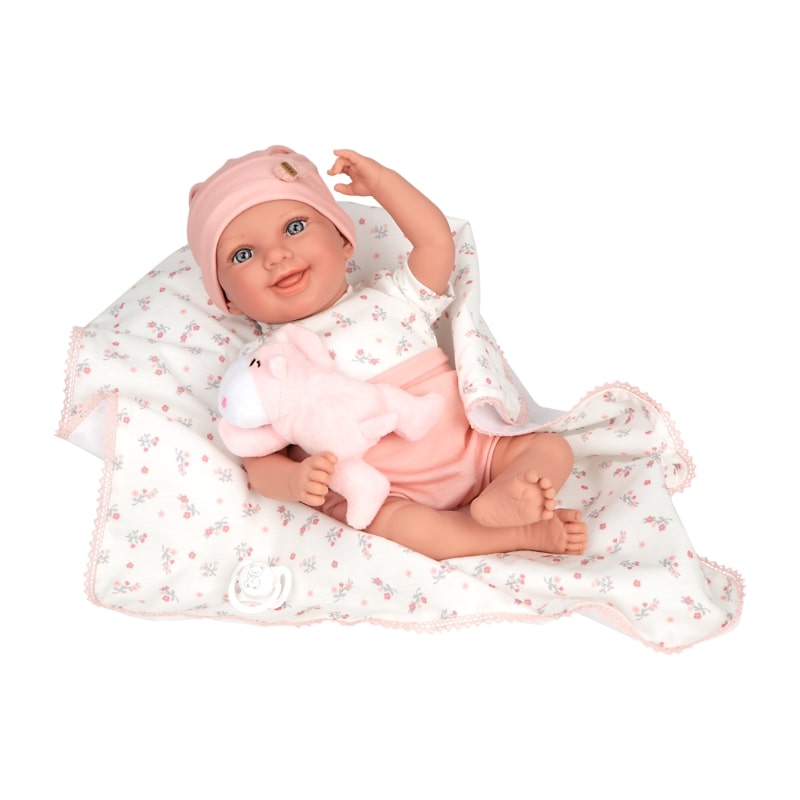 Χαμογελαστή κούκλα μωρού Colleen σε ροζ χρώμα με κουβέρτα και λούτρινο παιχνίδι, πραγματικό βάρος - 40 εκ.