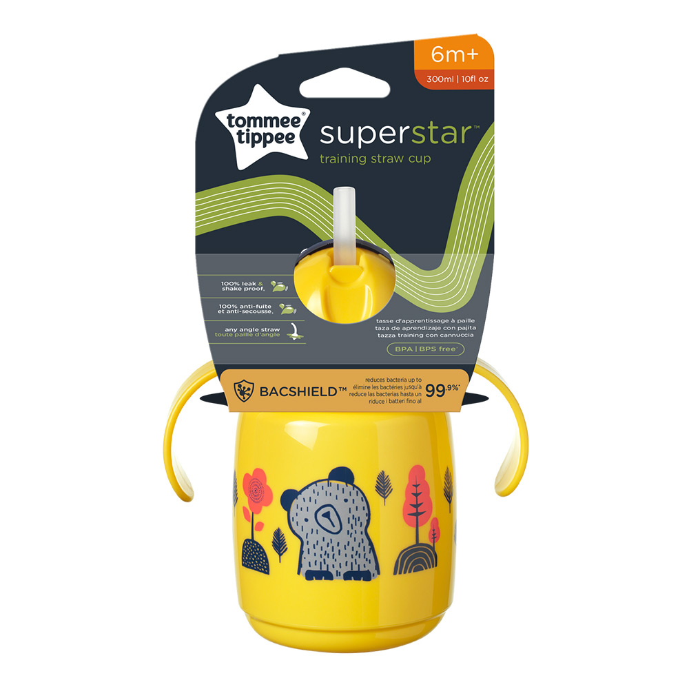 SuperStar Spill-proof cup με καλαμάκι με λαβές 300ml 6m+, BACSHIELD, κίτρινο