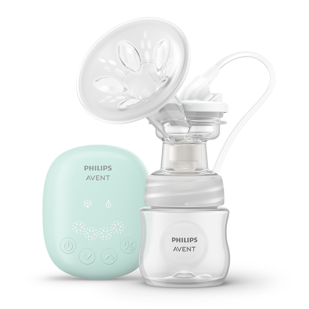 Σετ από ηλεκτρικό θήλαστρο Philips AVENT Essential, 1 μπιμπερό Natural Response 125 ml, 5 φακελάκια μητρικού γάλακτος και 4 επιθέματα
