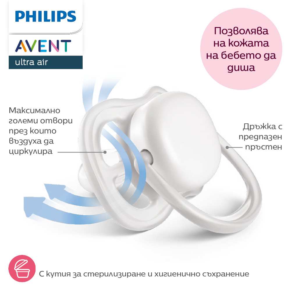 2 τεμάχια ορθοδοντικές πιπίλες σιλικόνης Philips AVENT SCF349/47 Ultra Air, 18m+, με εικόνες, σε κουτί αποστείρωσης