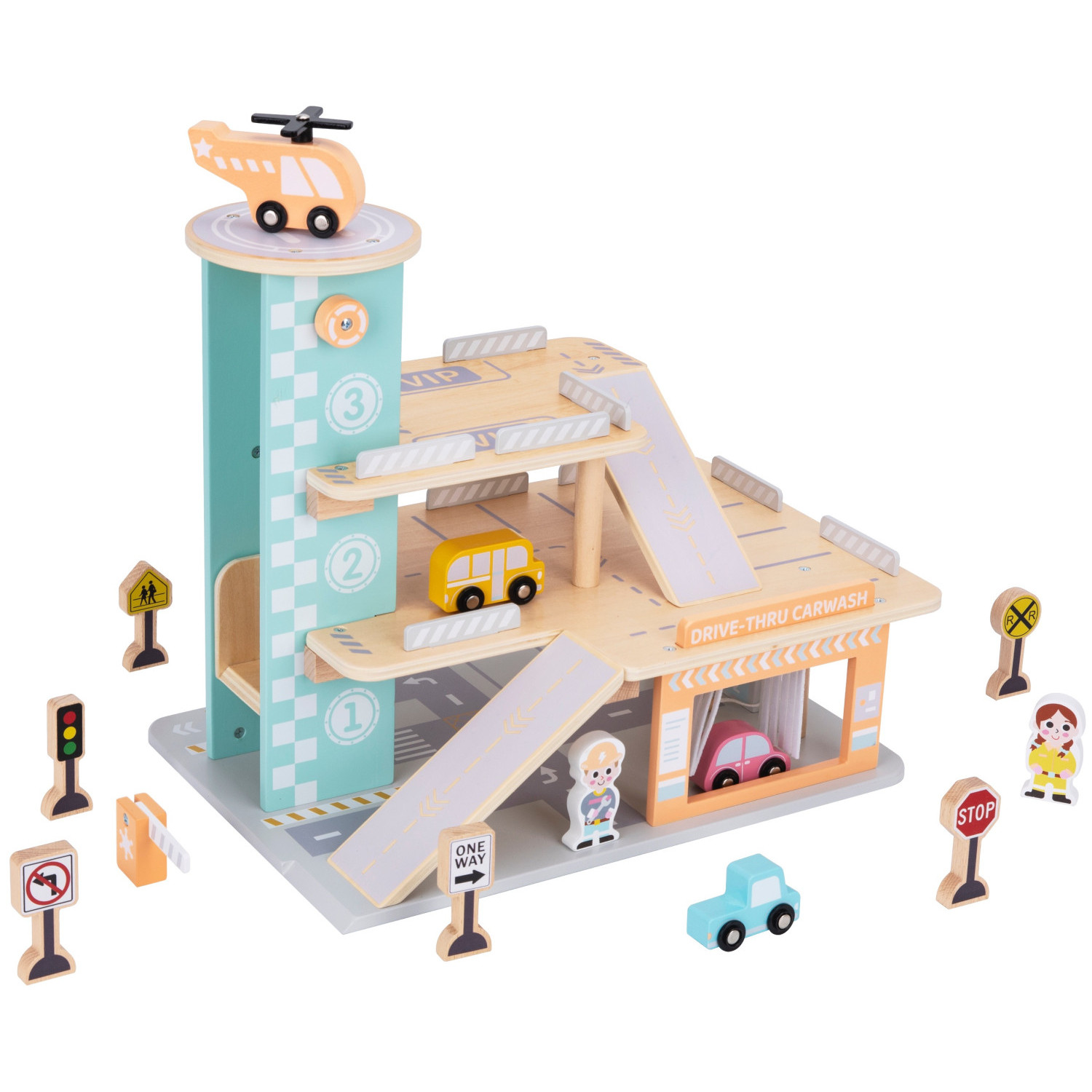 Ξύλινο γκαράζ αυτοκινήτων με πλυντήριο αυτοκινήτων Ηλικία: 2+ Μέγεθος: 29,5x42,5x35 εκ.