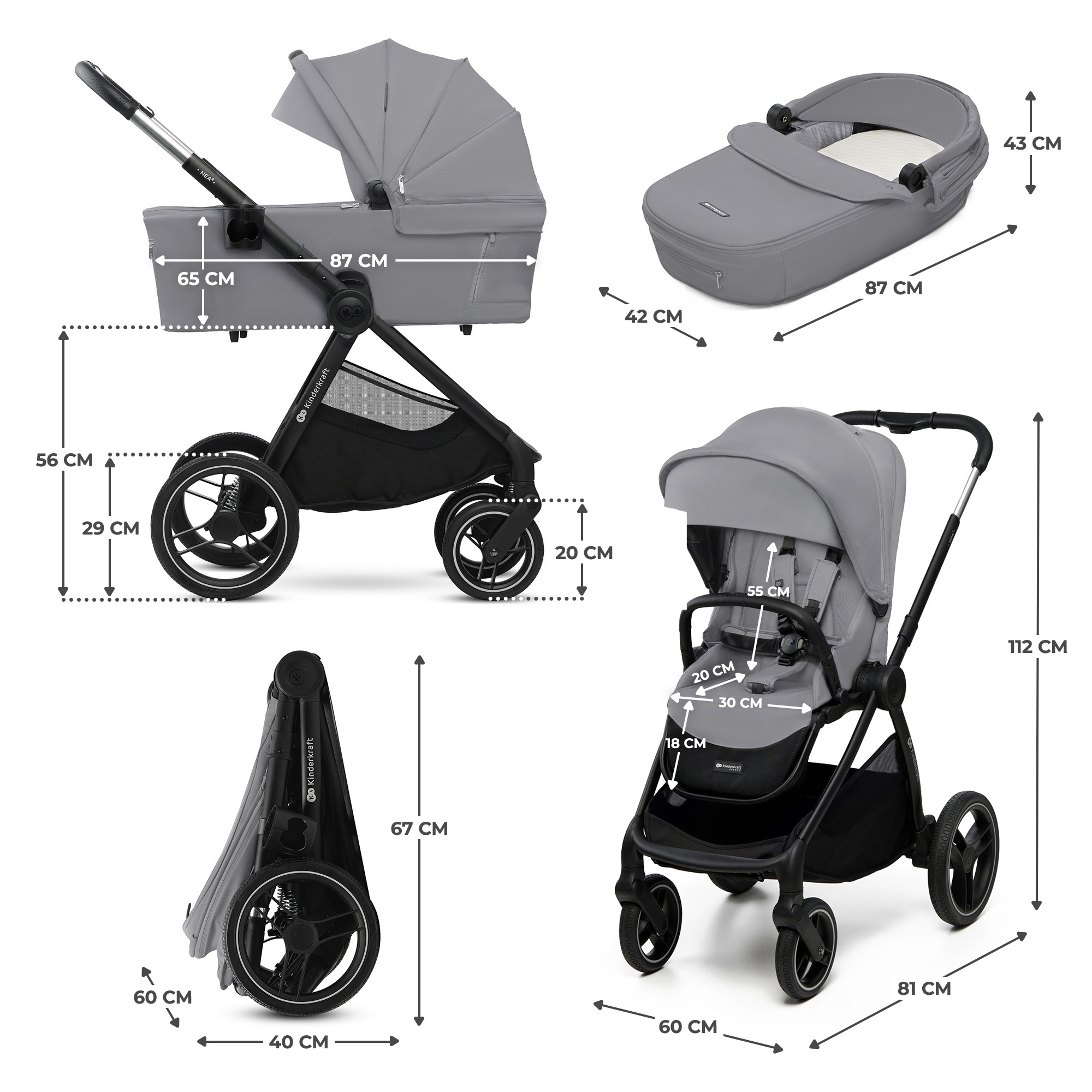 Καρότσι μωρού KinderKraft 2in1 NEA 2.0 PLATINIUM GRAY