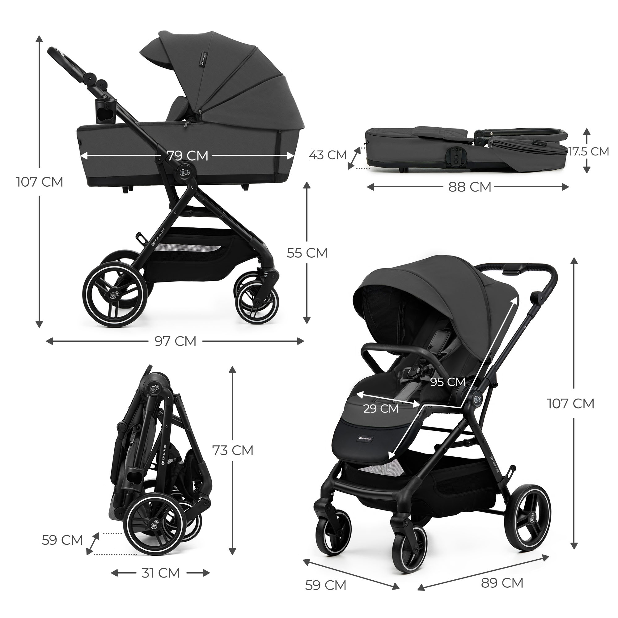 Παιδικό καρότσι Kinderkraft YOXI 3 σε 1 MOONLIGHT ΓΚΡΙ