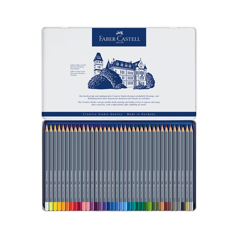 Μολύβια Faber-Castell Watercolor Goldfaber Aqua, 36 χρωμάτων, σε μεταλλικό κουτί