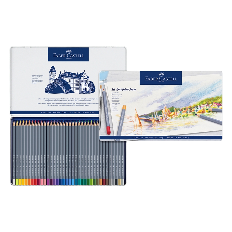 Μολύβια Faber-Castell Watercolor Goldfaber Aqua, 36 χρωμάτων, σε μεταλλικό κουτί