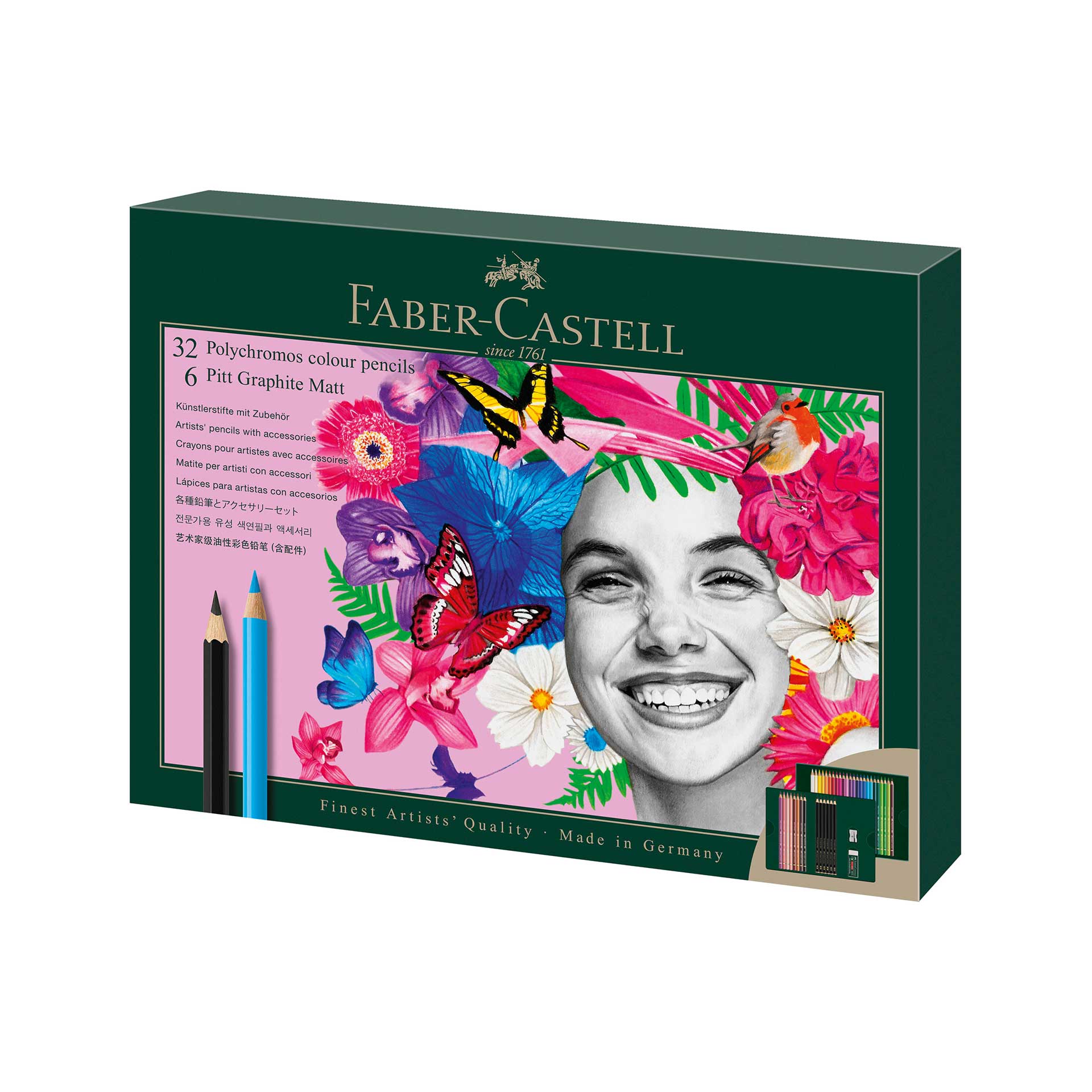 Χρωματιστά μολύβια Faber-Castell Polychromos, 36 χρωμάτων και μολύβια Pitt Graphite Matt μαύρο γραφίτη, 6 τεμαχίων, σε κουτί