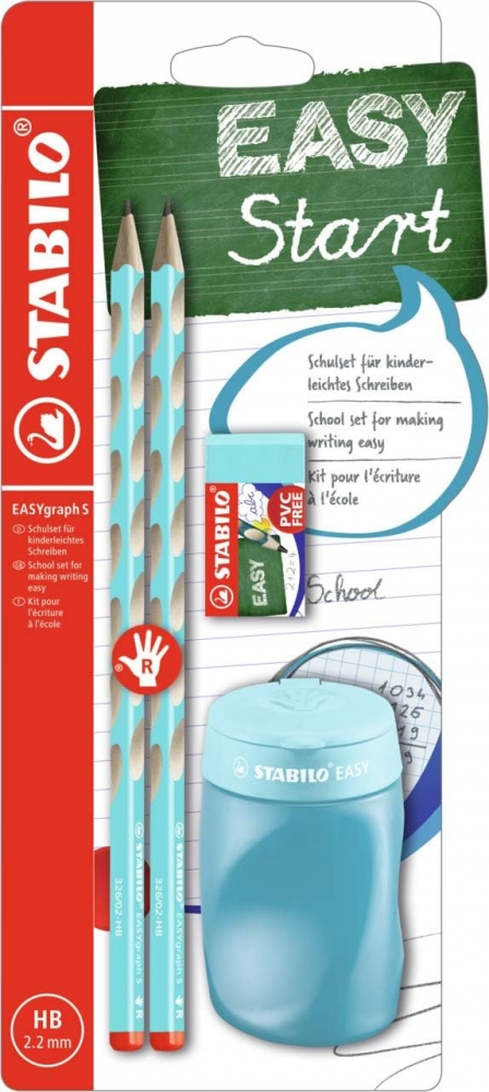 Σετ εργονομικών μολυβιών, Stabilo, EASYgraph S, για δεξιόχειρες, 2 τεμάχια με ξύστρα και γόμα, Μπλε
