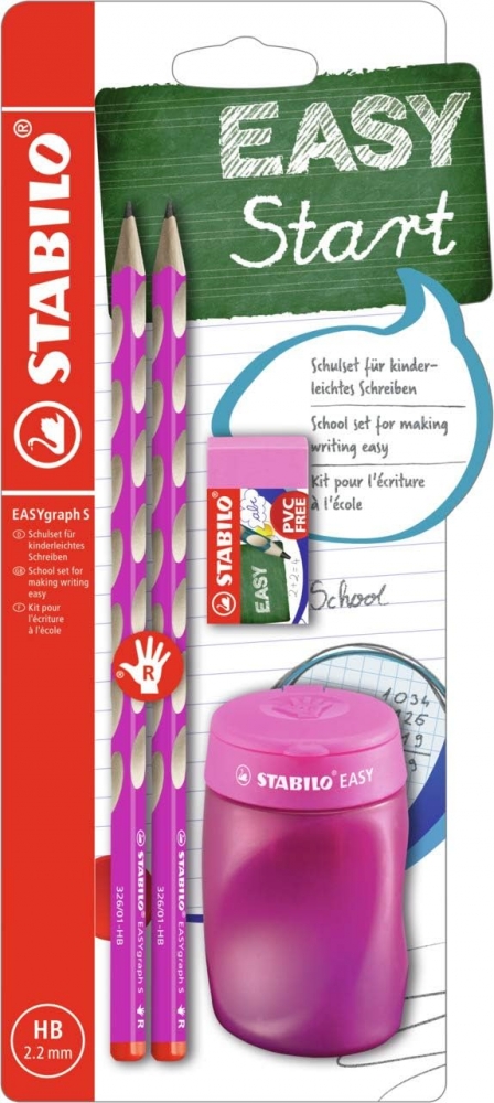 Σετ εργονομικών μολυβιών, Stabilo, EASYgraph S, για δεξί χέρι, 2 τεμάχια με ξύστρα και γόμα, ροζ