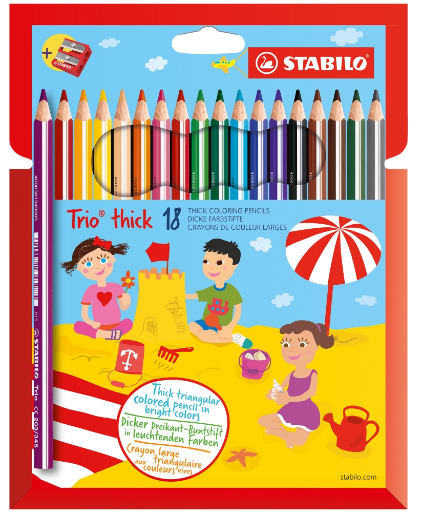 Σετ χρωματιστά μολύβια και ξύστρα, Stabilo, Trio Thick, 18 χρωμάτων