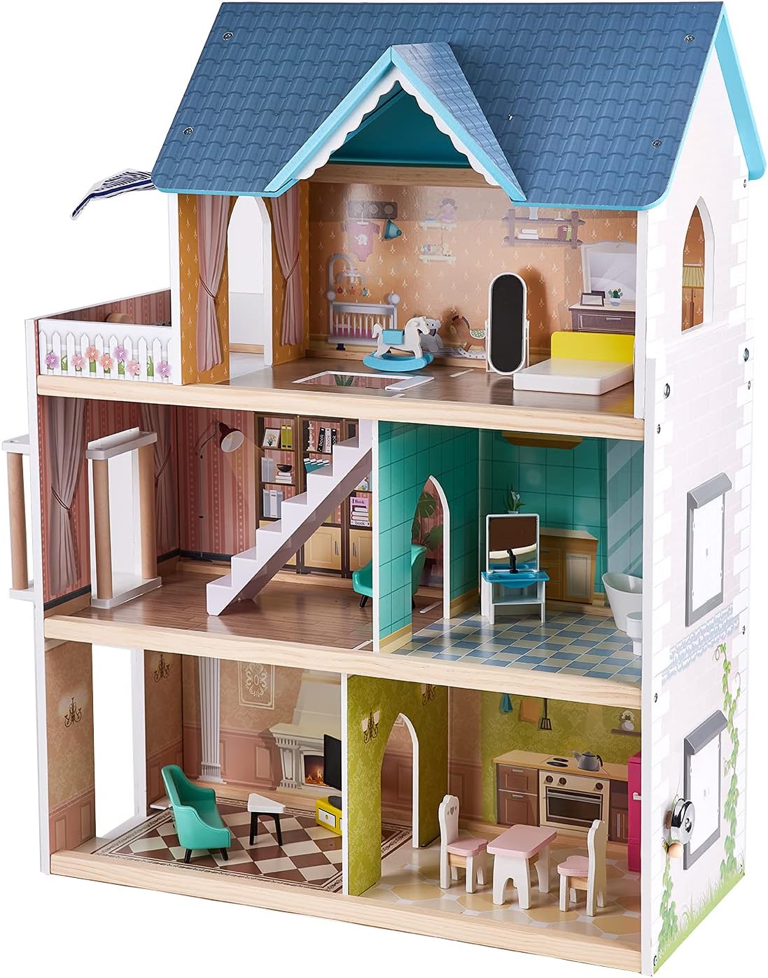 Ξύλινο σετ, Hape, Κουκλόσπιτο με φως LED, 18 τεμάχια