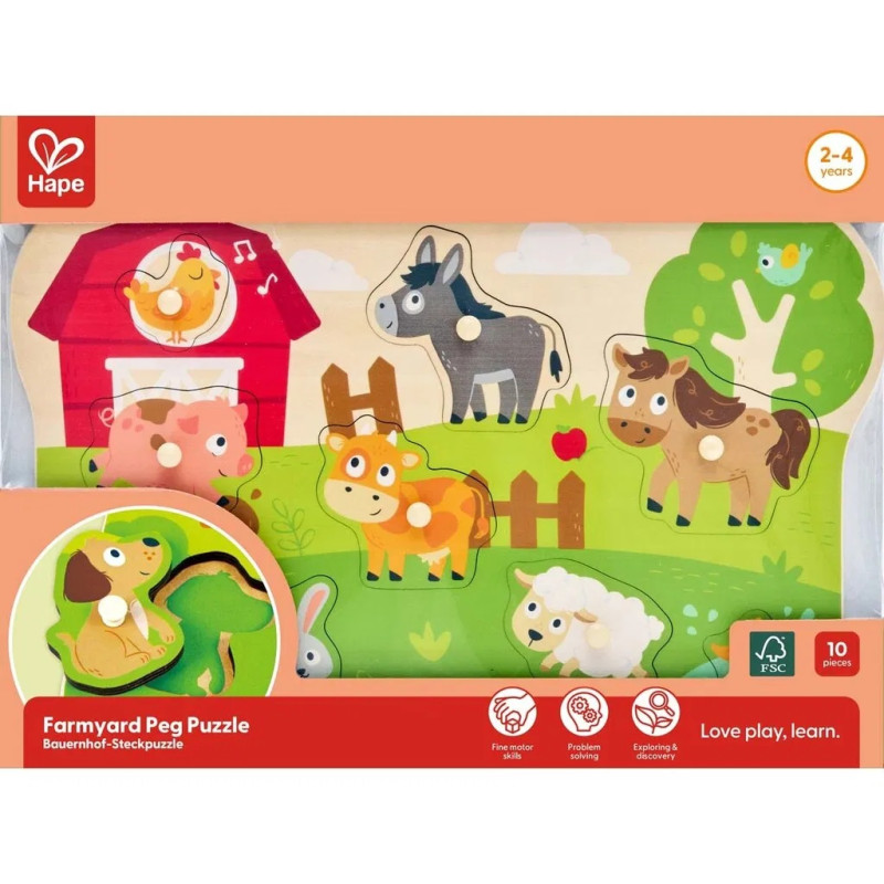 Ξύλινο παιχνίδι παζλ, Hape, Farm, 10 κομμάτια